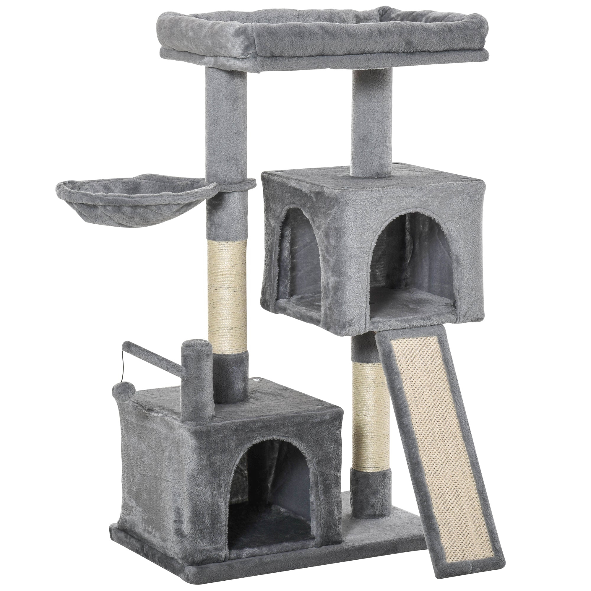 PawHut Cat Tree Tower for Indoor Cats, 111cm Kitten Activity Centre with Scratching Post Pad Hammock Condo Bed Ball Toy, Grey - North Peak Garden Furniture