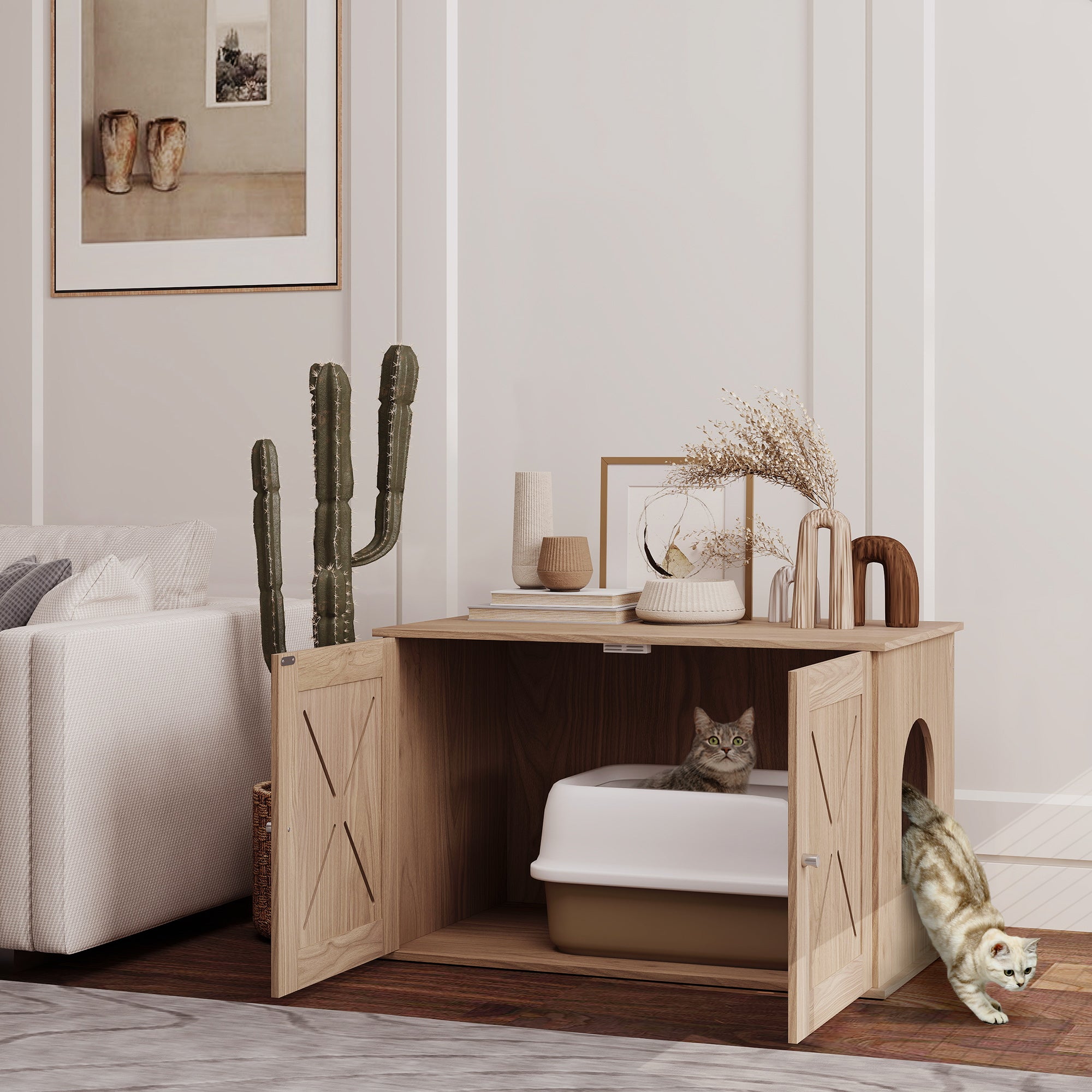 PawHut Cat Litter Box Enclosure with Double Doors and Side Entrance, Non-Slip Pads for Living Room, Walnut Brown - North Peak Garden Furniture