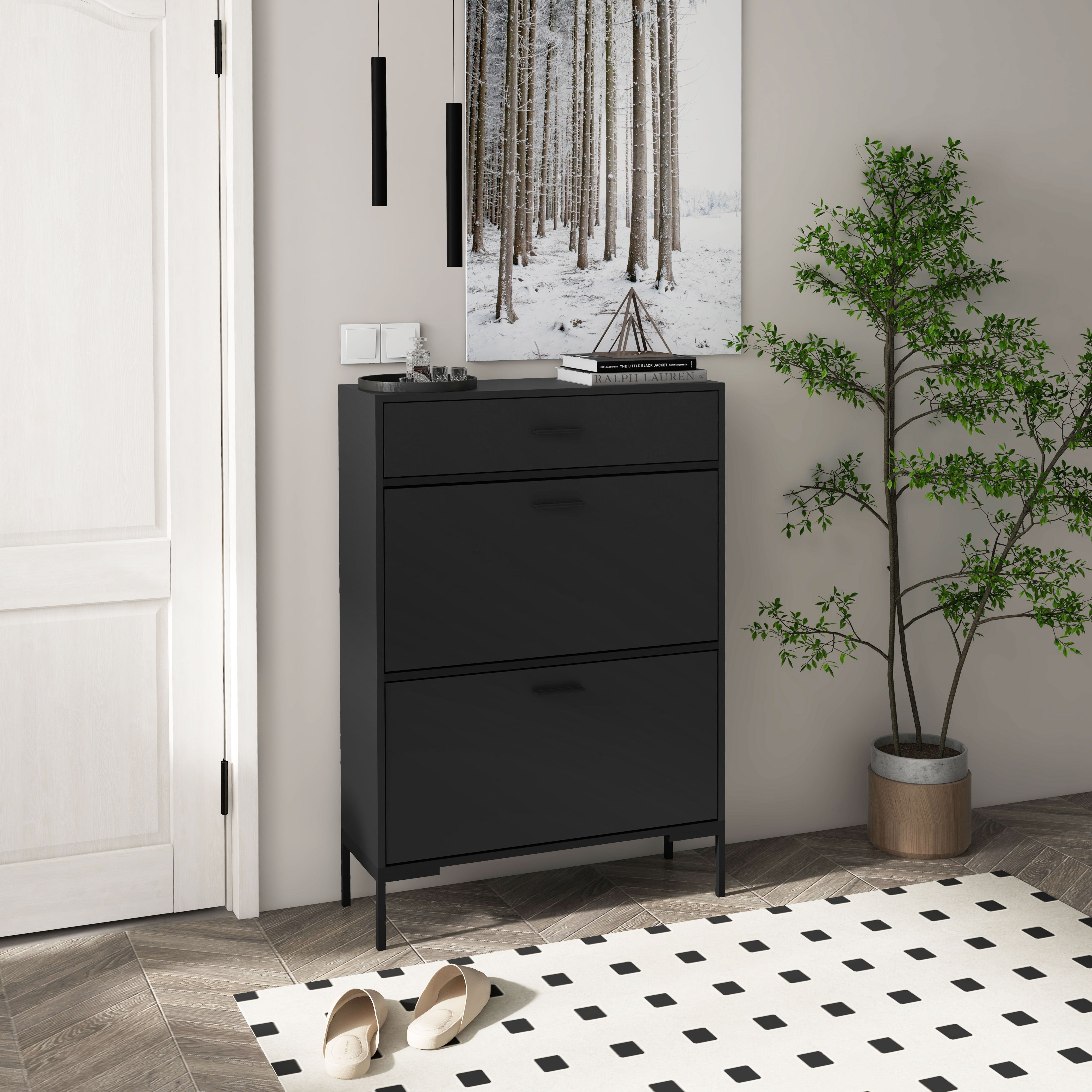 HOMCOM Three Drawer Slim Shoe Storage Cabinet, 12 Shoe Pairs - Black - North Peak Garden Furniture