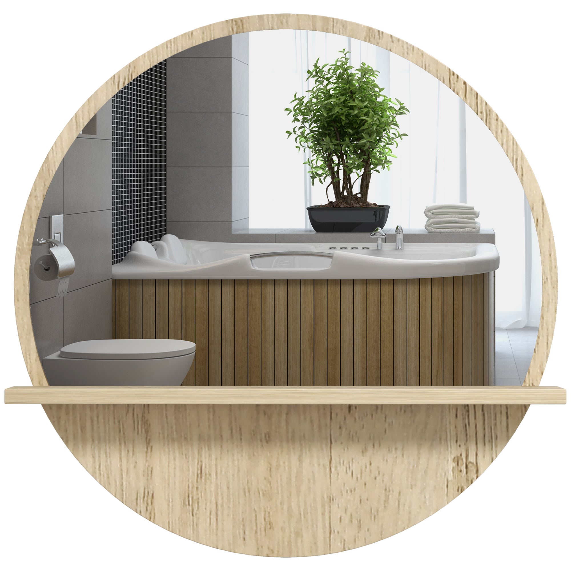 kleankin 45cm Round Home Mirror, with Shelf - Natural Wood Effect - North Peak Garden Furniture