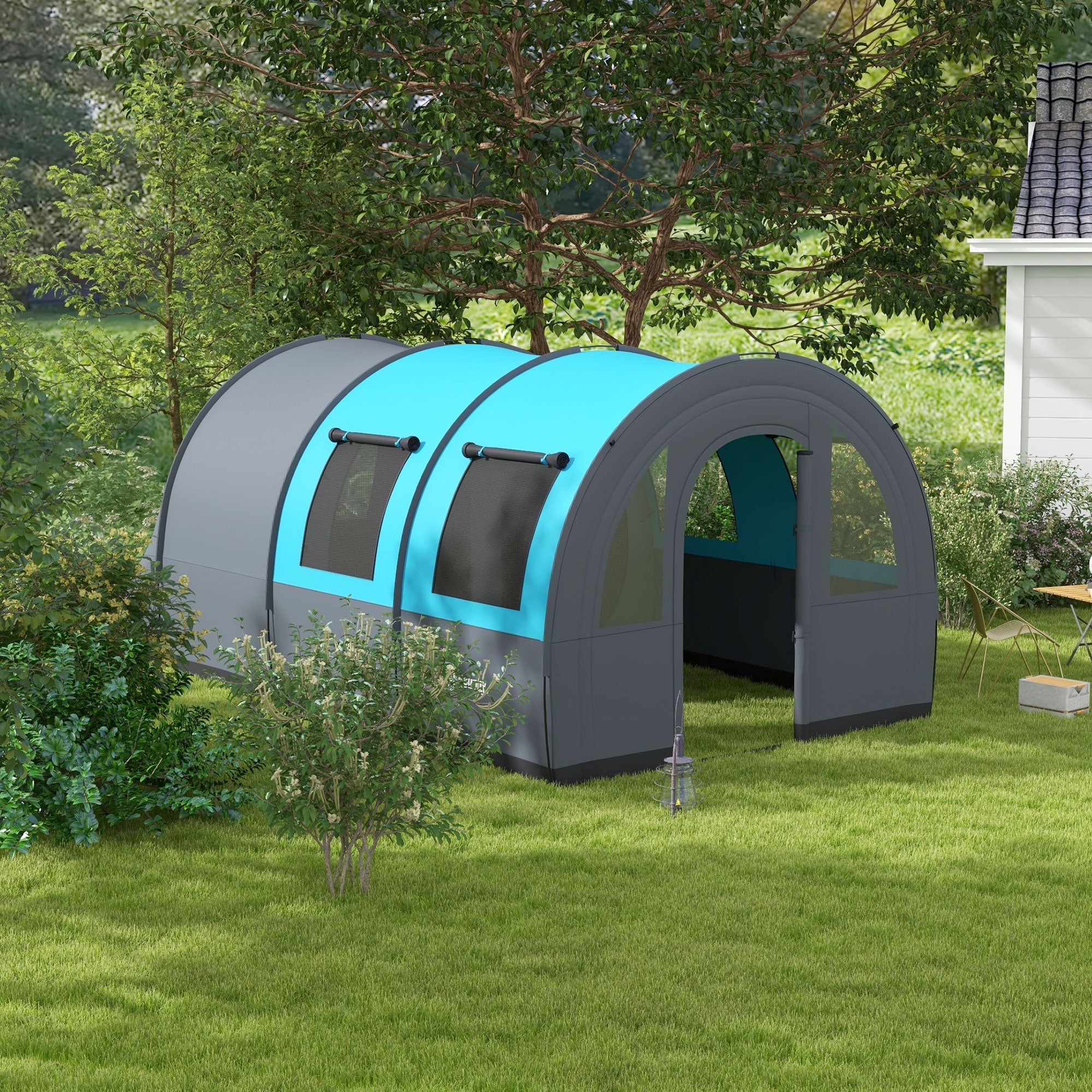 Outsunny Six Man Duo Room Tunnel Tent, with Accessories - Grey/Blue - North Peak Garden Furniture