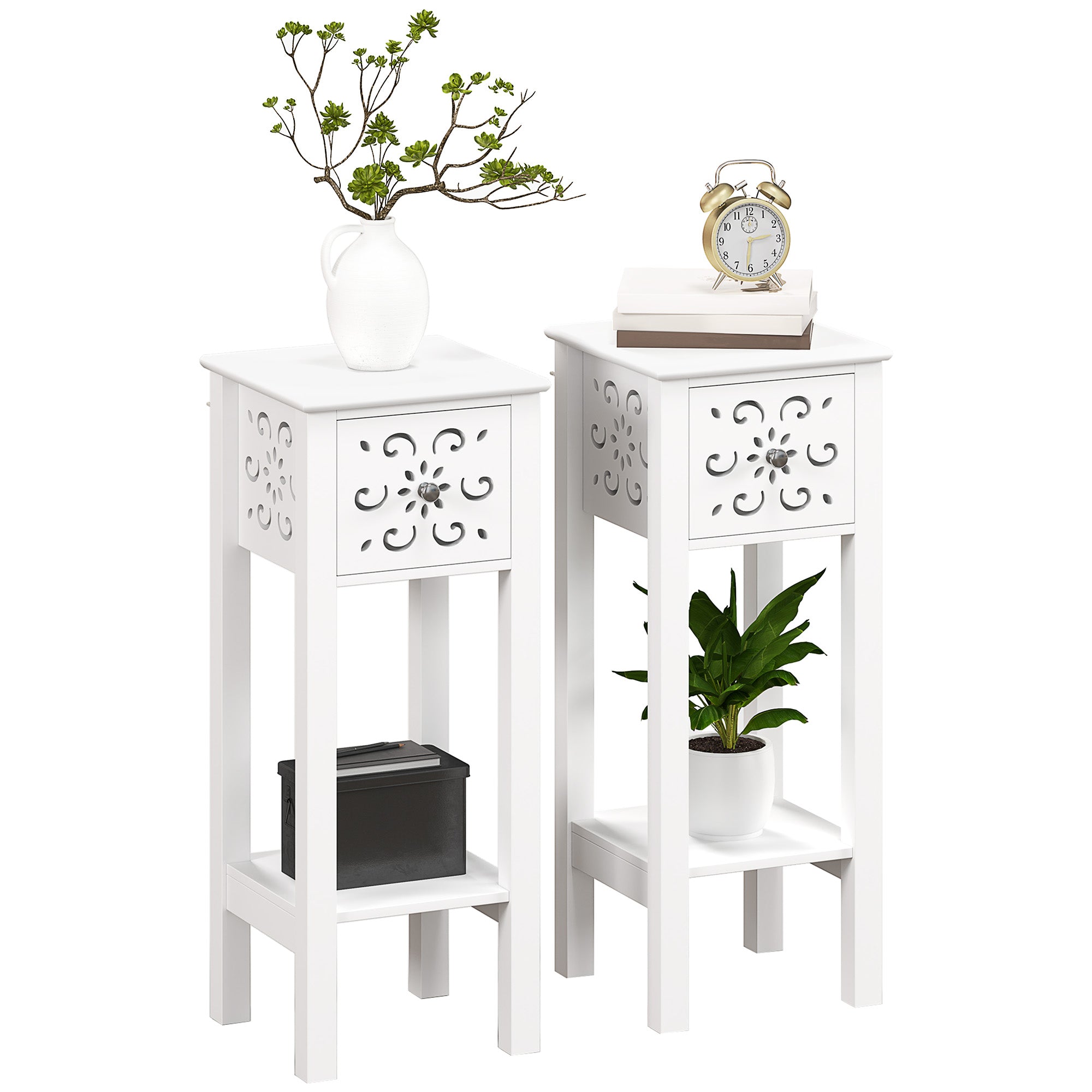 HOMCOM Set of Two Elegant Floral Cut-Out Side Tables - White - North Peak Garden Furniture