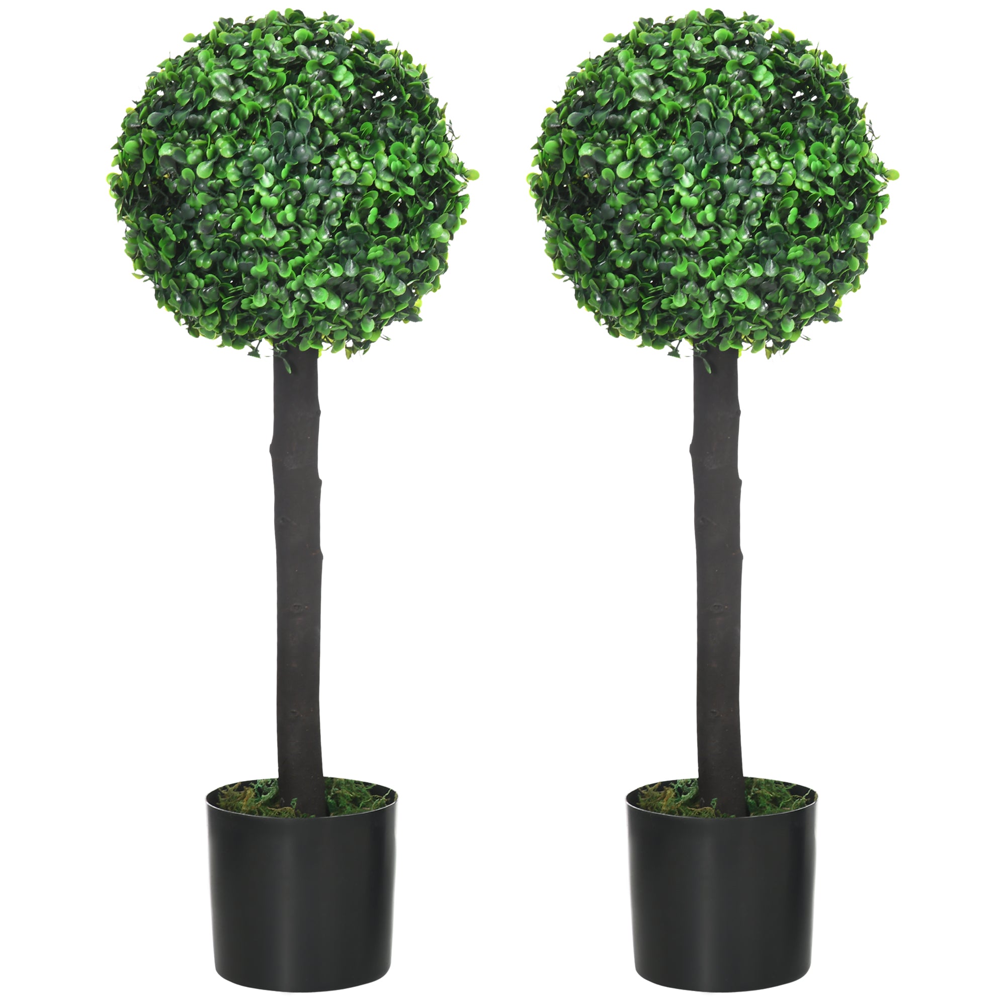HOMCOM Set of 2 Artificial Plants Boxwood Ball Trees in Pot Fake Plants for Home Indoor Outdoor Decor, 20x20x60cm, Green - North Peak Garden Furniture