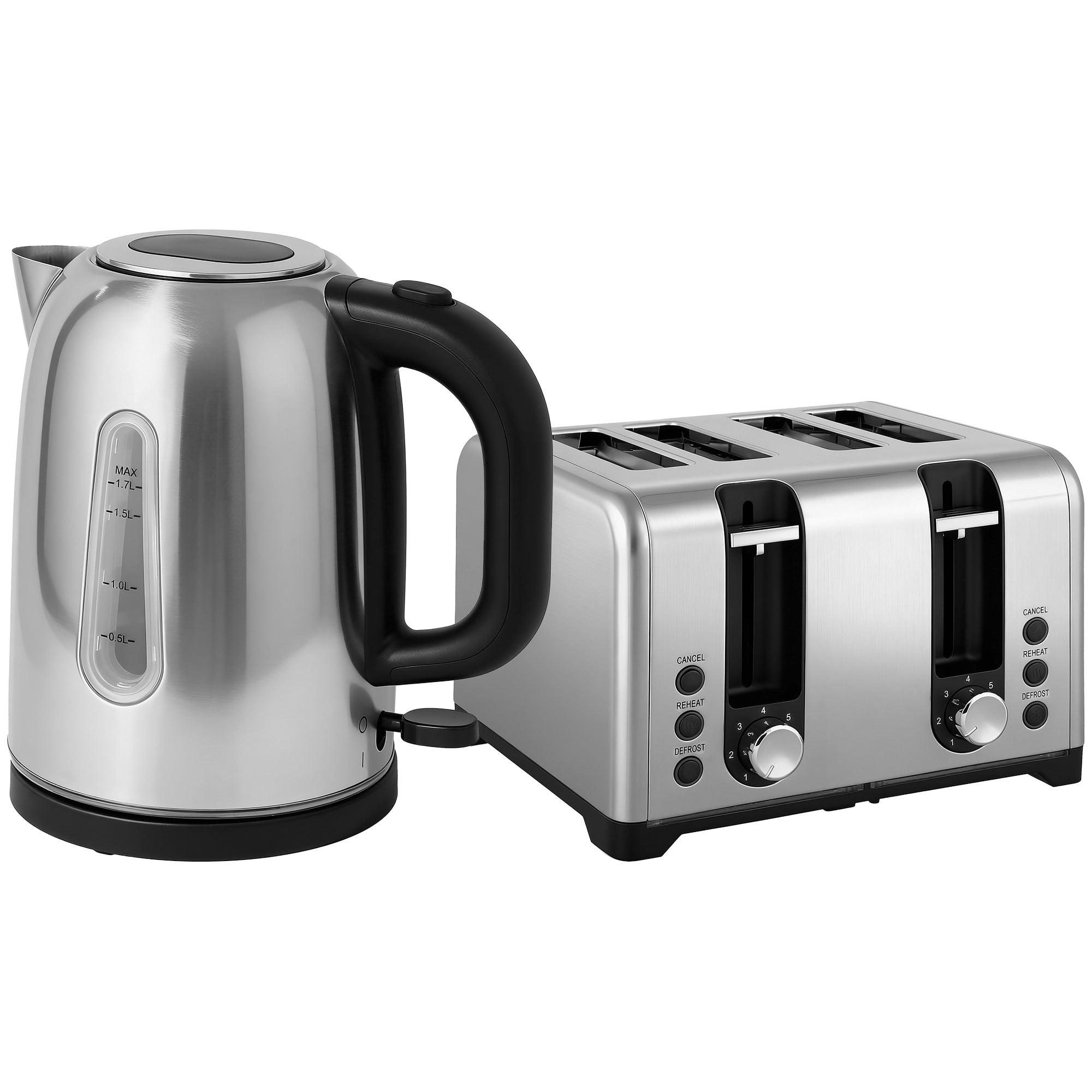 HOMCOM Kettle and Toaster Set, 1.7L 3000W Rapid Boil Jug Kettle with Strix Thermostat, Limescale Filter, 4 Slice Toaster with 7 Browning Controls, Crumb Tray, Silver Tone