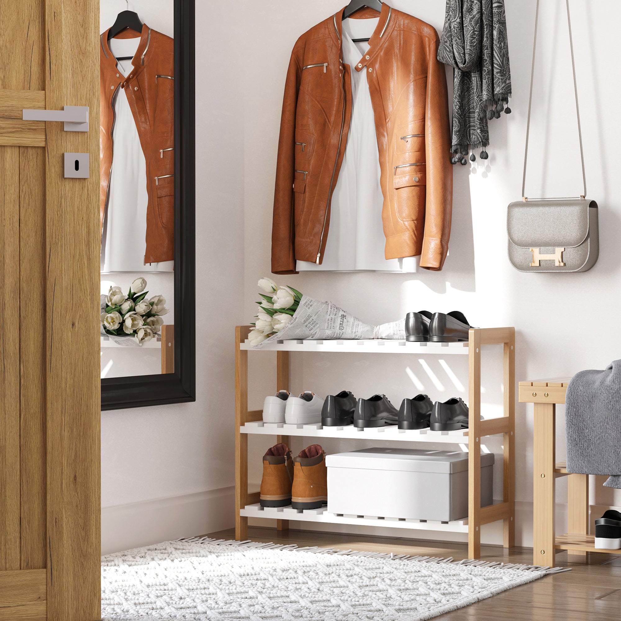 HOMCOM 3-Tier Shoe Rack Wood Frame Slatted Shelves Spacious Open Hygienic Storage Home Hallway Furniture Family Guests 70L x 26W x 57.5H cm - Natural - North Peak Garden Furniture