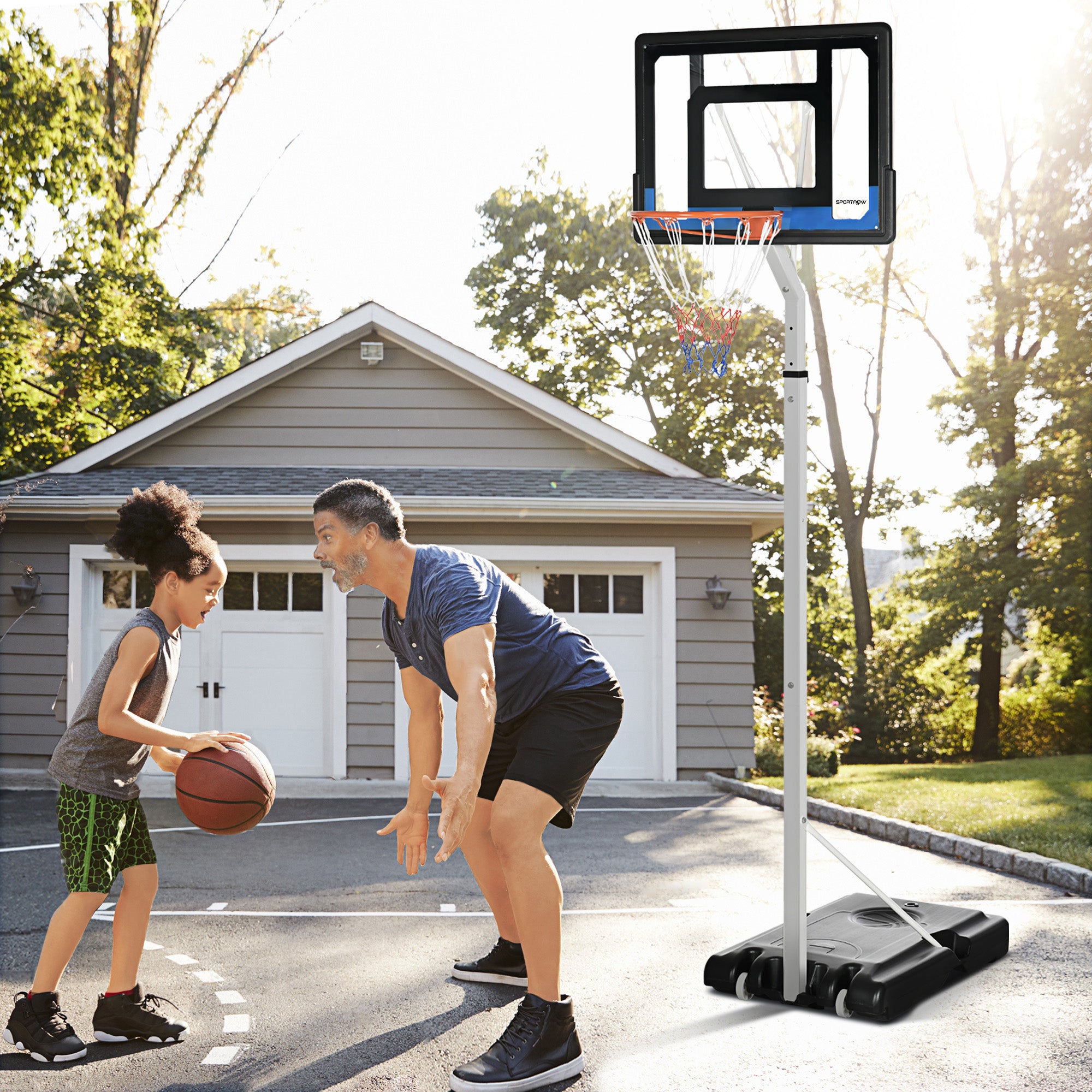 SPORTNOW 2.1-2.6m Adjustable Basketball Hoop and Basketball Stand w/ Backboard and Weighted Base, Portable on Wheels, White - North Peak Garden Furniture