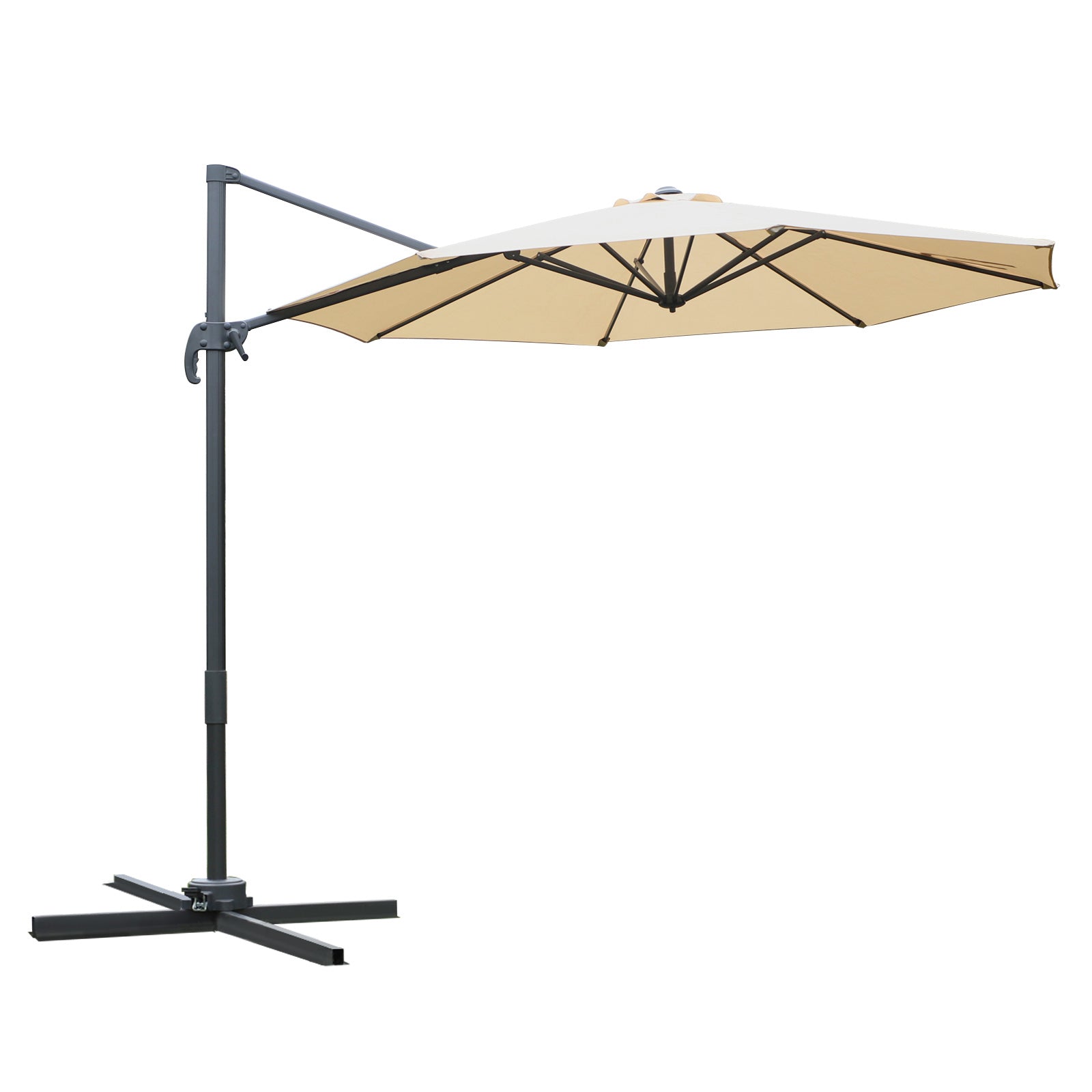 Outsunny Round Umbrella Parasol W/ Tilt 360° Rotation and Hand Crank Cross Base-Beige - North Peak Garden Furniture