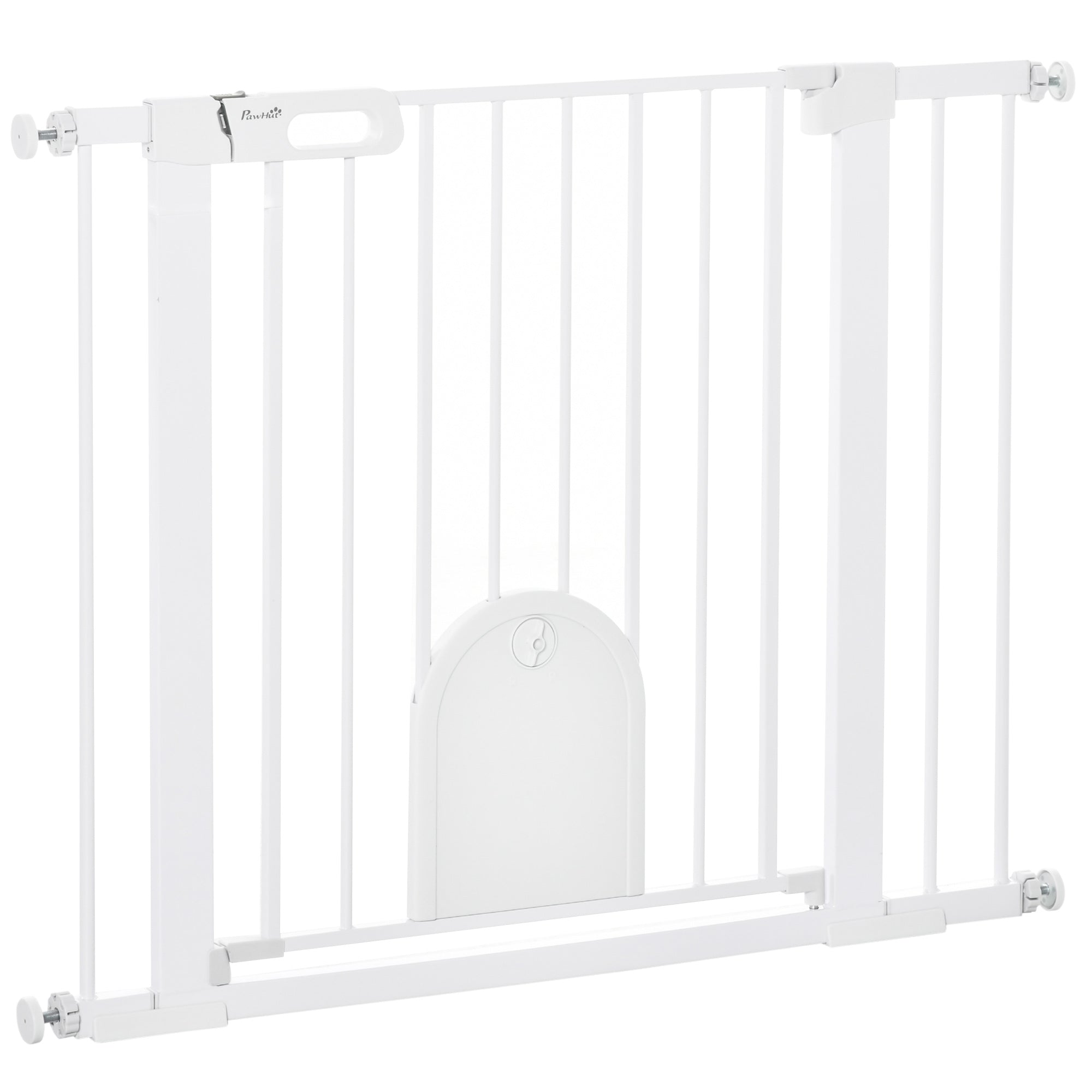 PawHut Dog Gate with Cat Flap Pet Safety Gate Barrier, Stair Pressure Fit, Auto Close, Double Locking, for Doorways, Hallways, 75-103 cm White - North Peak Garden Furniture