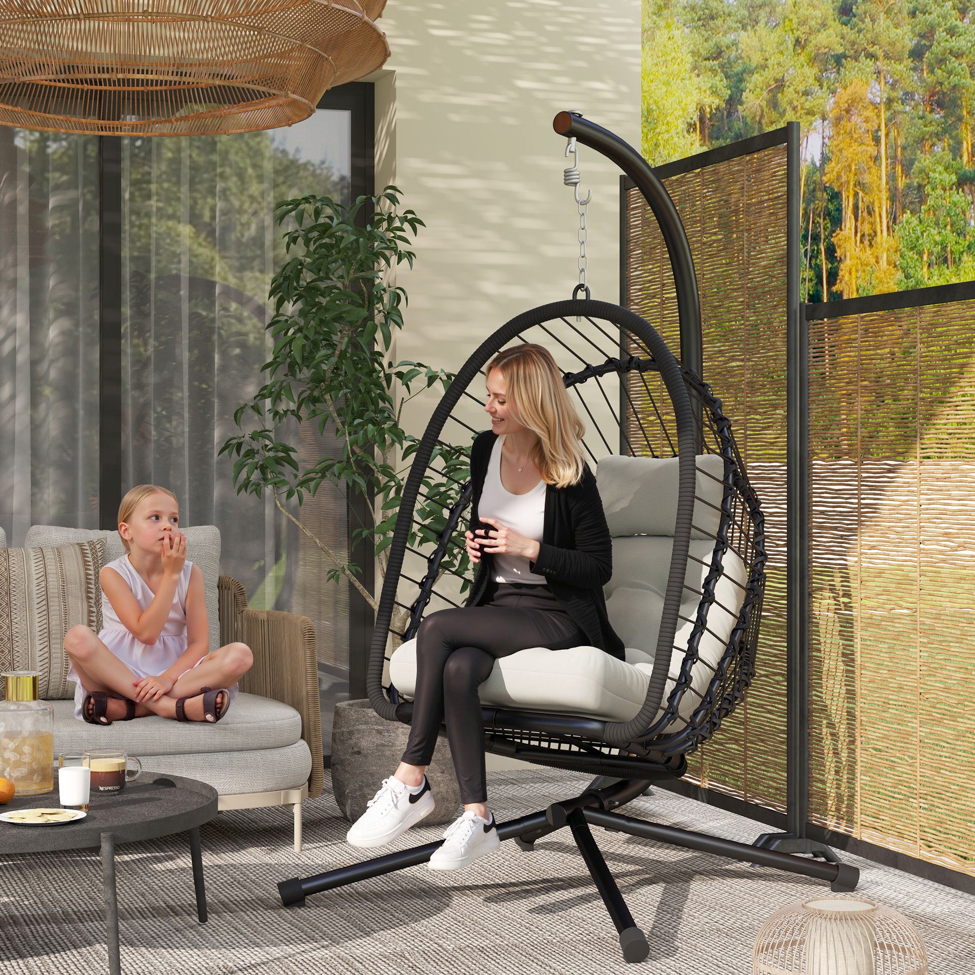 Outsunny Outdoor PE Rattan Swing Chair with Cushion, Garden Foldable Basket Patio Hanging Egg Chair with Metal Stand, Headrest, for Indoor and Outdoor, Black - North Peak Garden Furniture