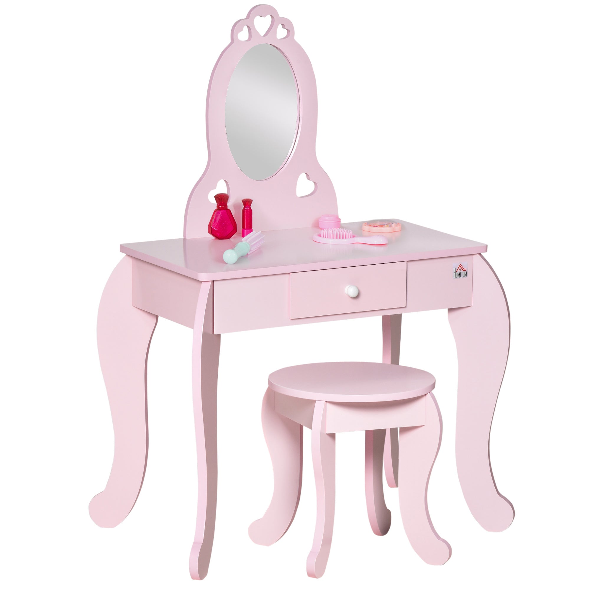 HOMCOM Kids Vanity Table & Stool Girls Dressing Set Make Up Desk Chair Dresser Play Set with Mirror Pink - North Peak Garden Furniture