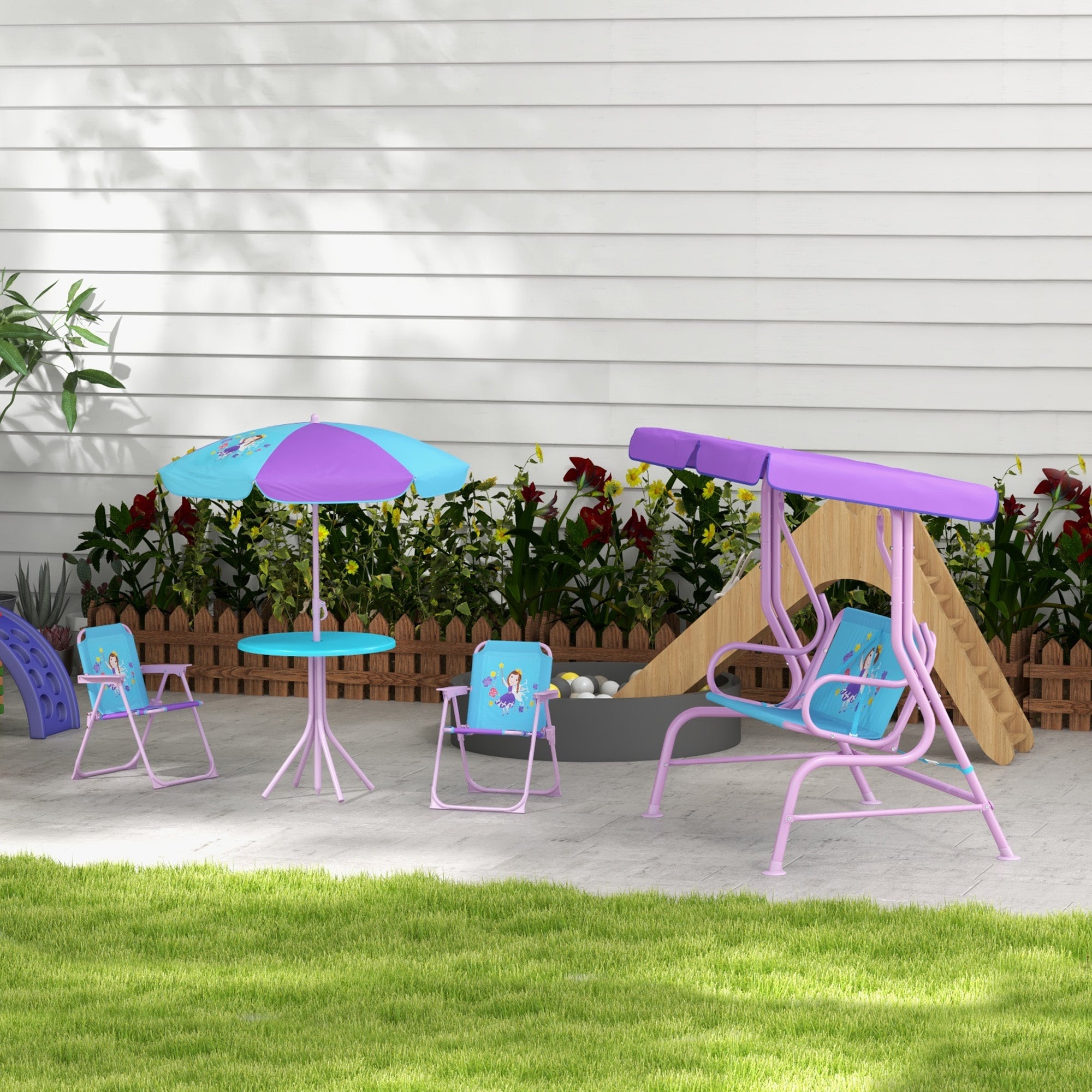 Outsunny 4PCs Kids Garden Furniture Set w/ 2 Seater Garden Swing Chair with Adjustable Canopy, Childrens Table and Chair Set with Parasol, for Toddler Girls 3-6 Years Old - North Peak Garden Furniture