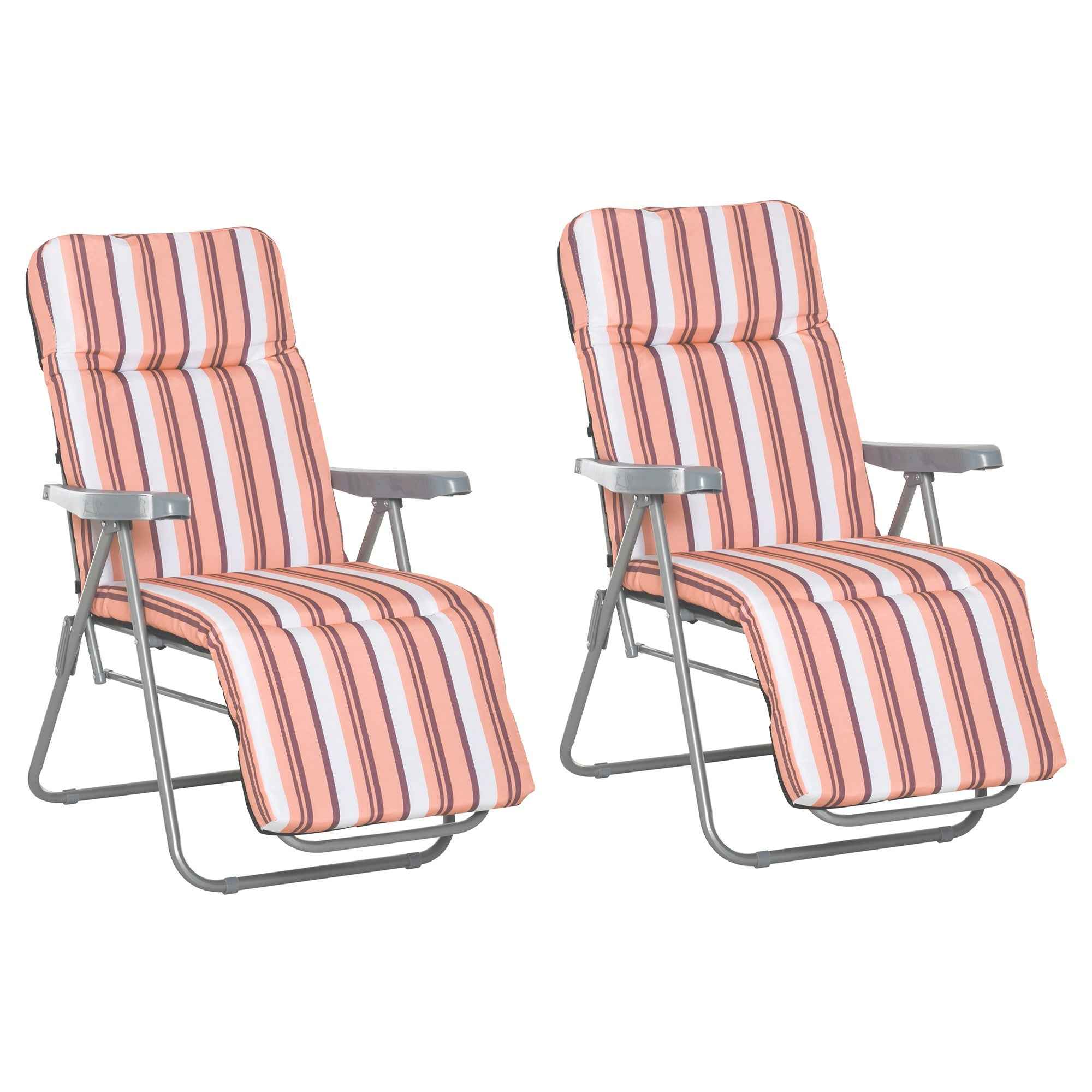 Outsunny Set of 2 Garden Sun Lounger Outdoor Reclining Seat Cushioned Seat Foldable Adjustable Recliner Orange and White