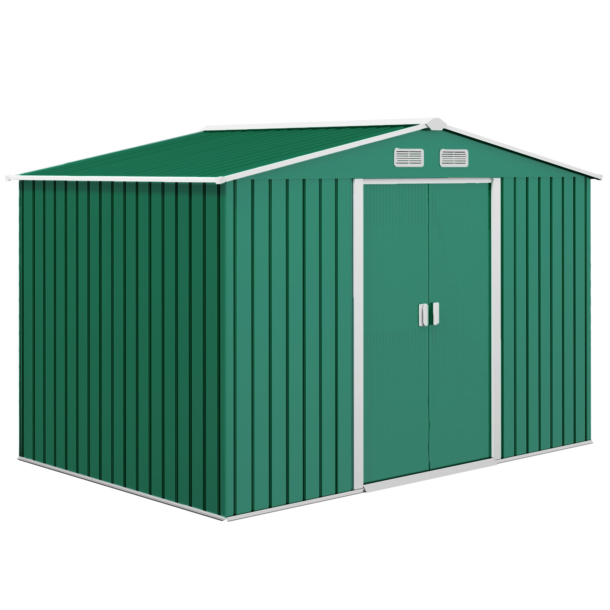 Outsunny 9 x 6ft Metal Garden Shed, Outdoor Storage Tool House with Ventilation Slots, Foundation Kit and Lockable Double Doors, Green - North Peak Garden Furniture