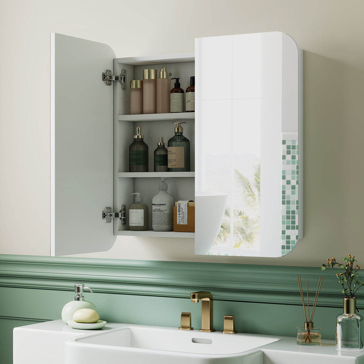 HOMCOM Arched Bathroom Mirror Cabinet with Adjustable Shelves - White