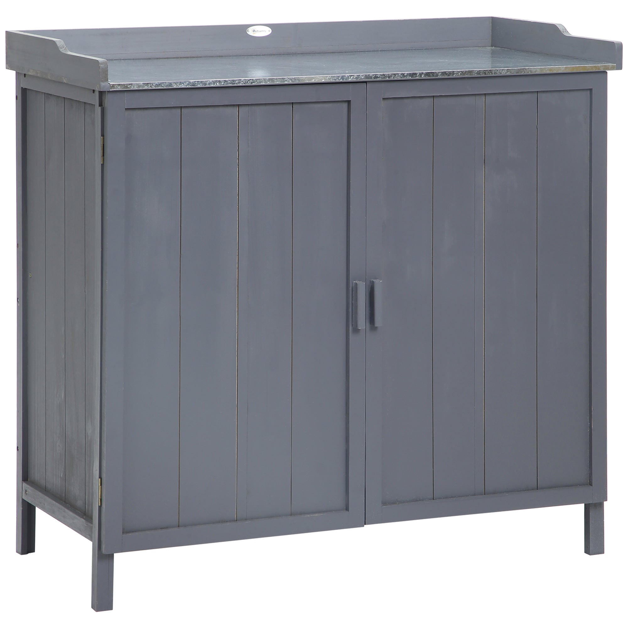 Outsunny Garden Storage Cabinet, Outdoor Tool Shed, Potting Bench Table with Galvanized Top and Two Shelves for Yard Tools or Pool Accessories, Grey - North Peak Garden Furniture