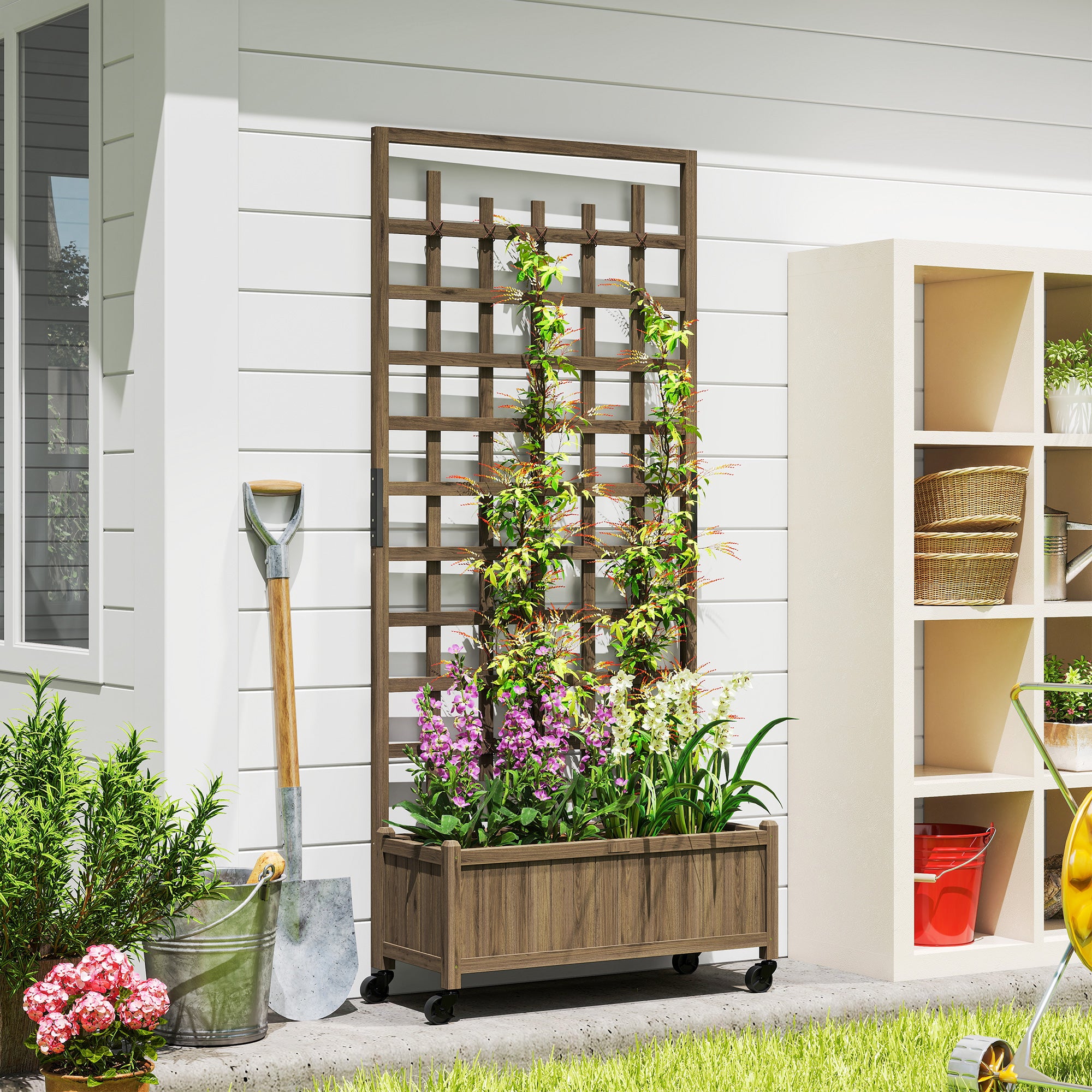 Outsunny Wooden Trellis Planter, Raised Garden Bed with Wheels and Bed Liner, to Climb and Grow Vegetables, Herbs and Flowers
