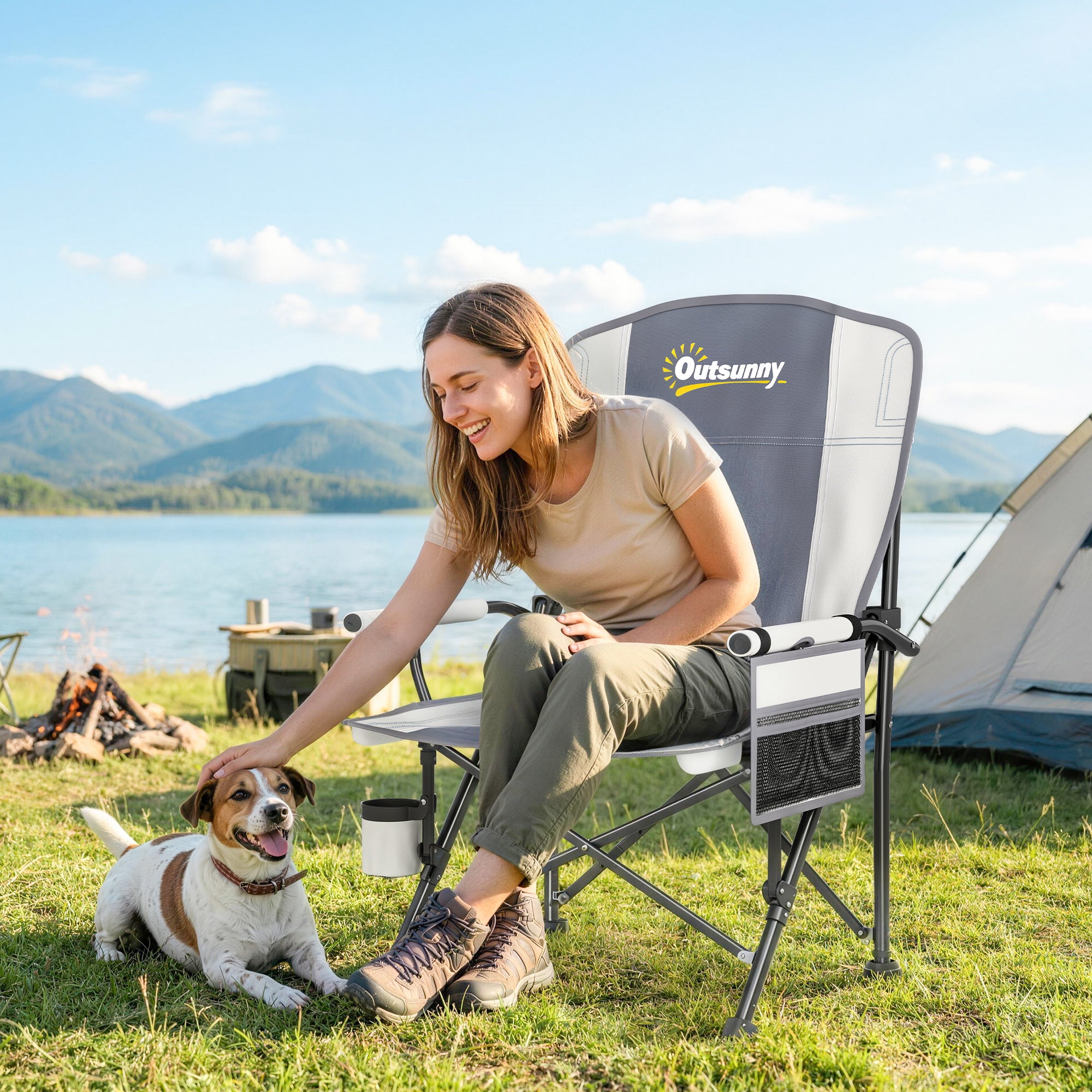 Outsunny Padded Camping Chair Adults Heavy Duty Folding Chair Side Pocket Cup Holder Carry Bag Outdoor Light Grey