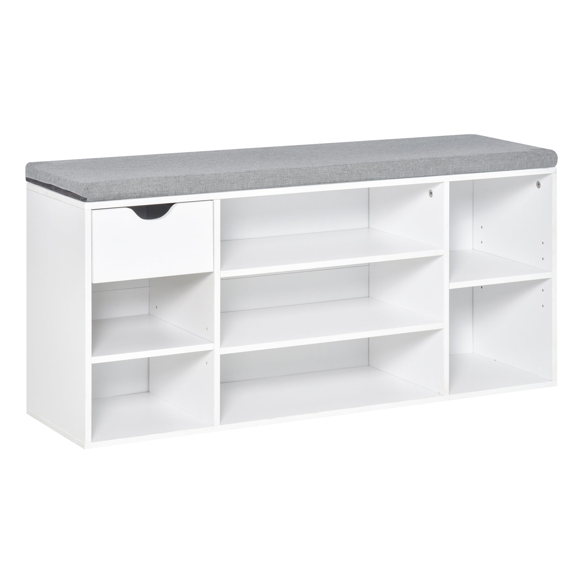 HOMCOM Shoe Bench with Seat Cushion Shoe Storage Cabinet with 7 Compartments Drawer Adjustable Shelves for Entryway Hallway Living Room White and Grey - North Peak Garden Furniture