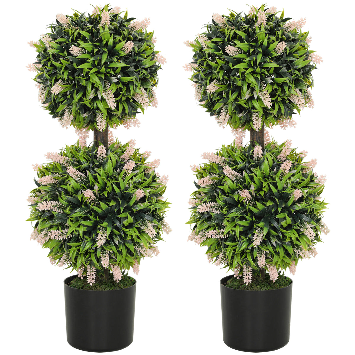 HOMCOM Set of 2 Decorative Artificial Plants Ball Trees with Lavender Flowers in Pot Fake Plants for Home Indoor Outdoor Decor, 70cm, Pink