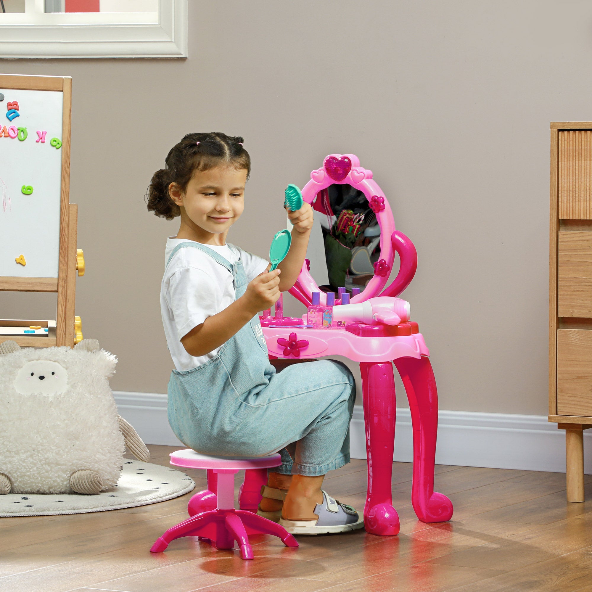 AIYAPLAY Kids Dressing Table with mirror, Stool, Light, Music, 15 Accessories, for Ages 3-6 Years, Pink - North Peak Garden Furniture