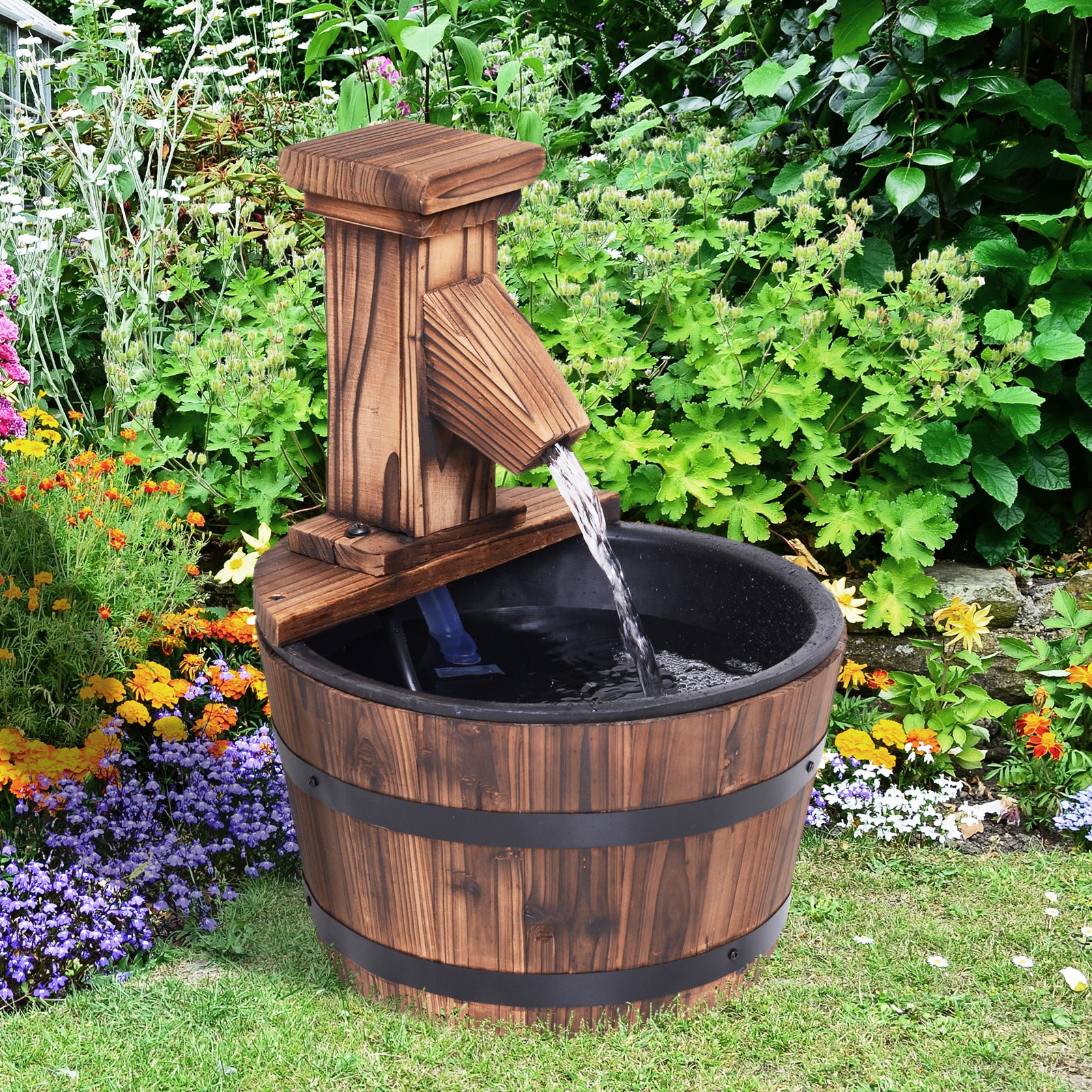 Outsunny Wood Barrel Patio Water Fountain Garden Decorative Ornament Water Feature with Electric Pump - North Peak Garden Furniture