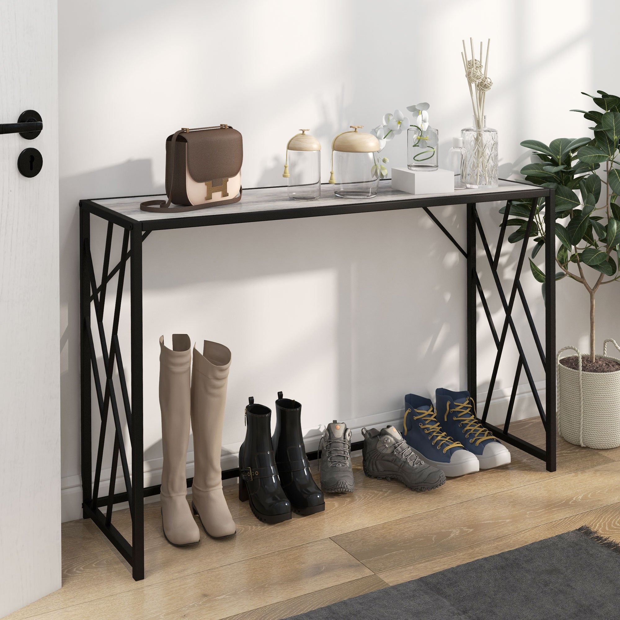 HOMCOM Console Table, Industrial Sofa Table with Metal Frame for Living Room, Hallway, 120 cm, Grey - North Peak Garden Furniture