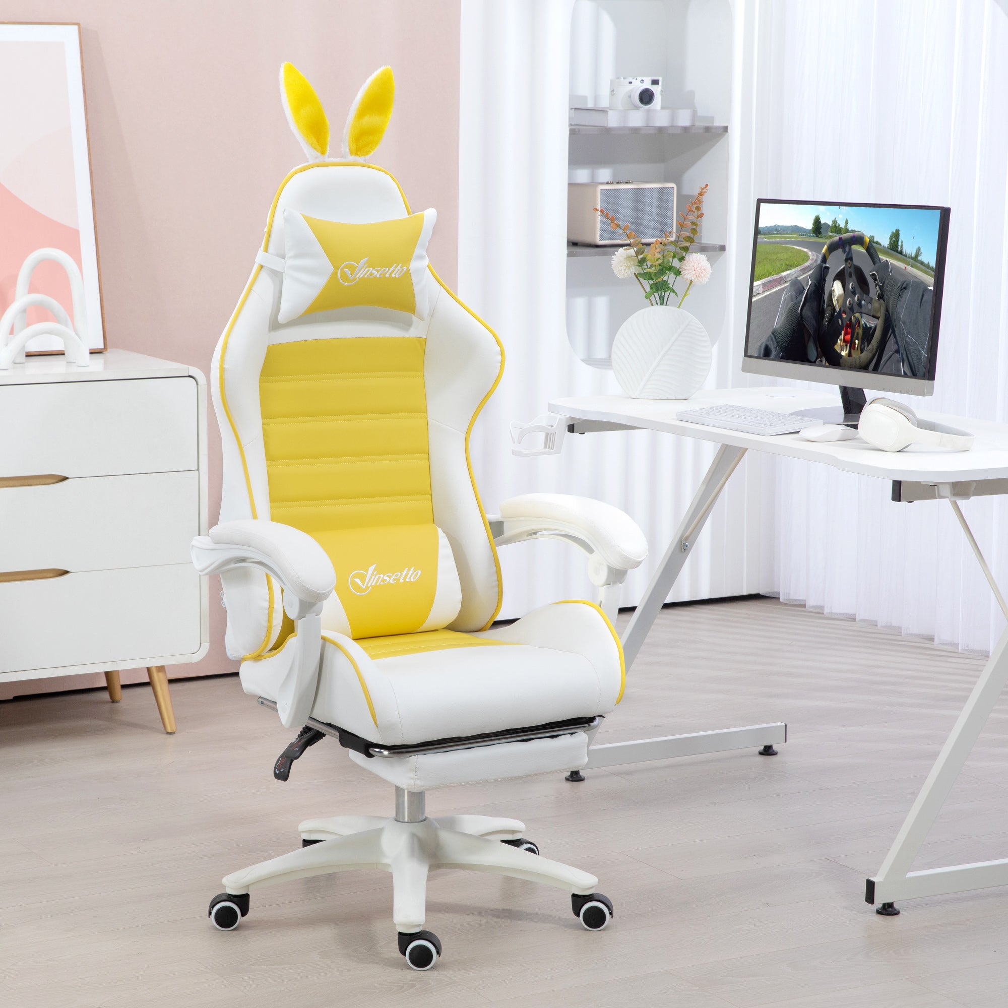 Vinsetto Racing Gaming Chair, Reclining PU Leather Computer Chair with Removable Rabbit Ears, Footrest, Headrest and Lumber Support, Yellow - North Peak Garden Furniture