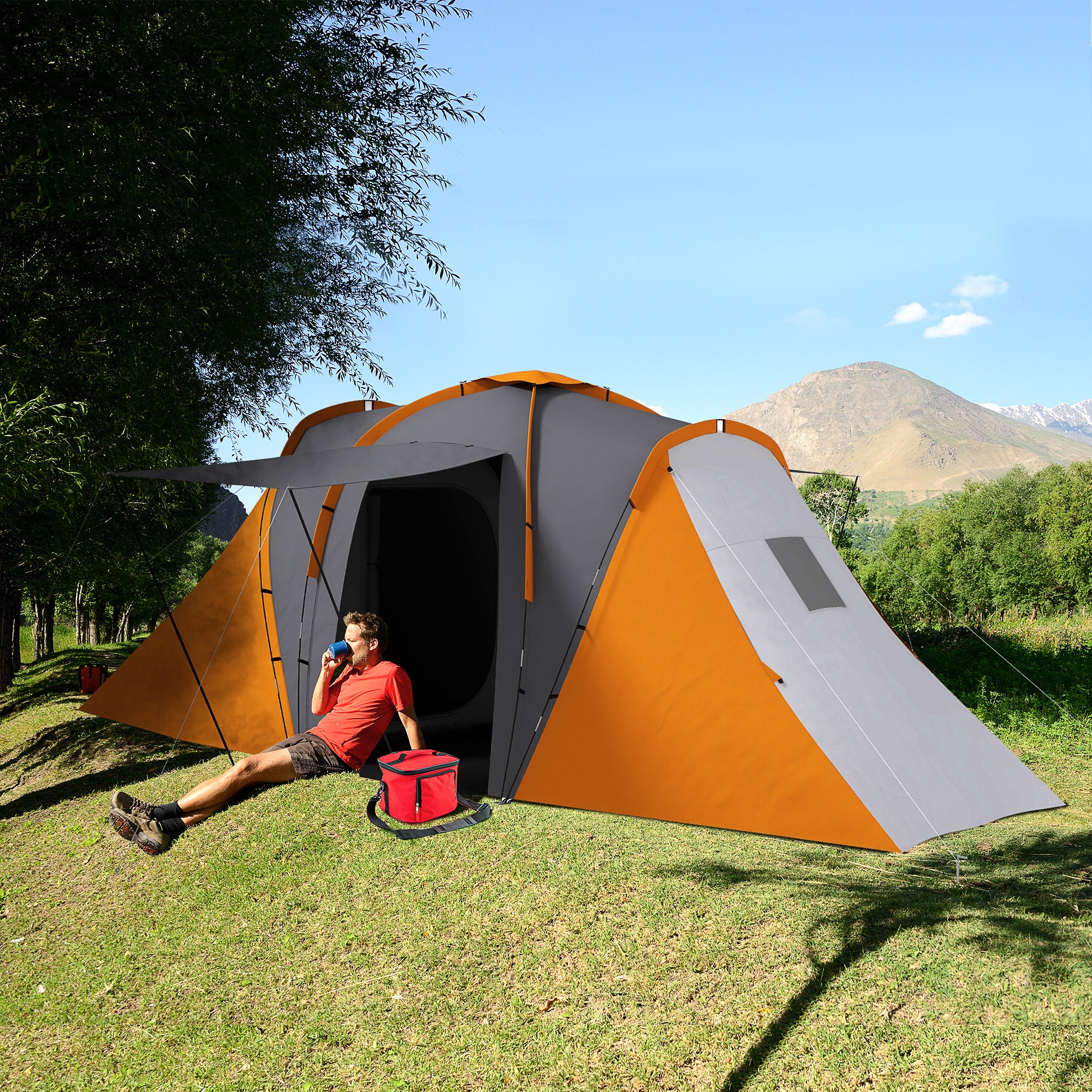Outsunny Large Camping Tent Tunnel Tent with 2 Bedroom and Living Area, 2000mm Waterproof, Portable with Bag for 4-6 Man, Orange - North Peak Garden Furniture