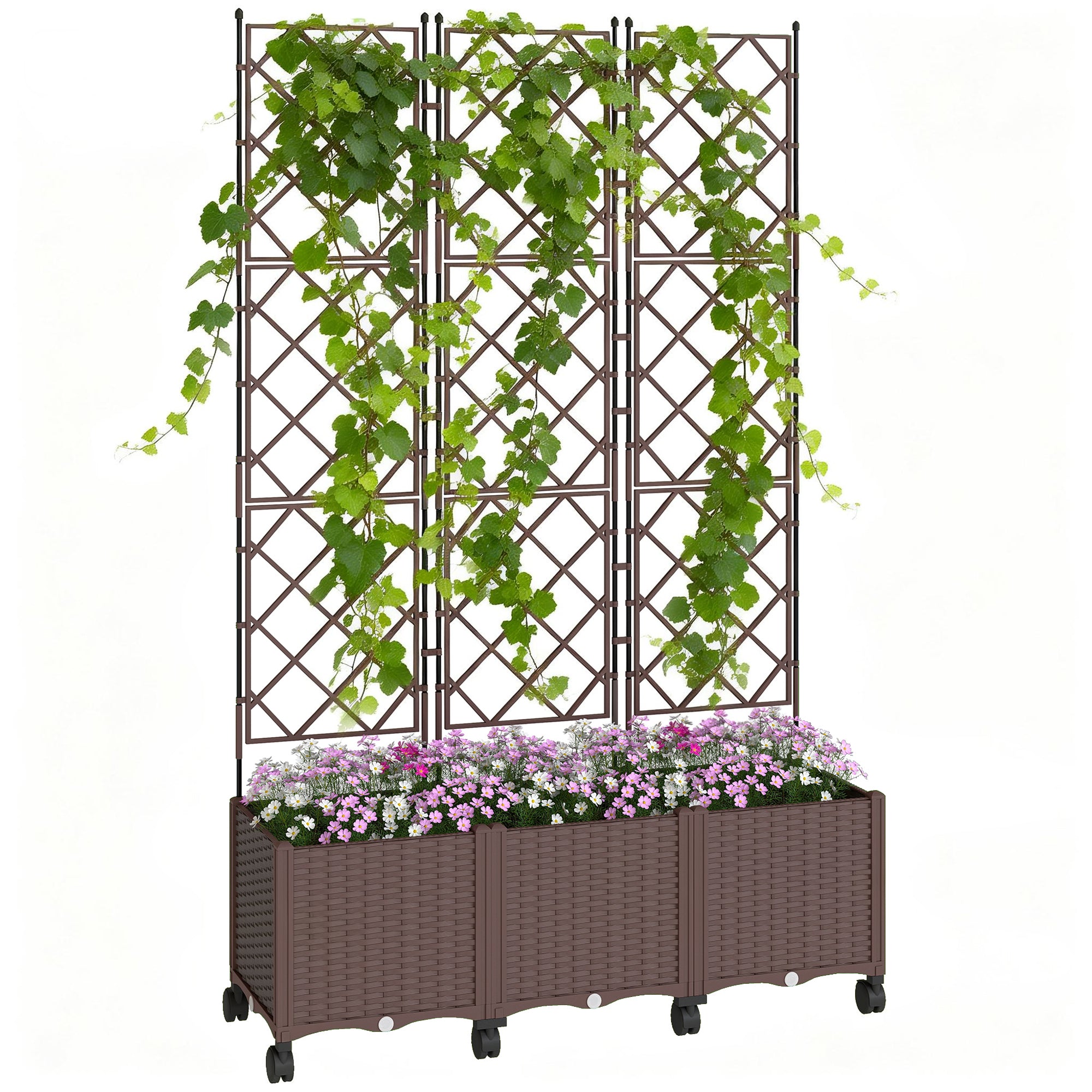 Outsunny Plastic Raised Planter with Trellis, Self Watering Raised Bed for Garden with Wheels, Drainage Holes and Plugs
