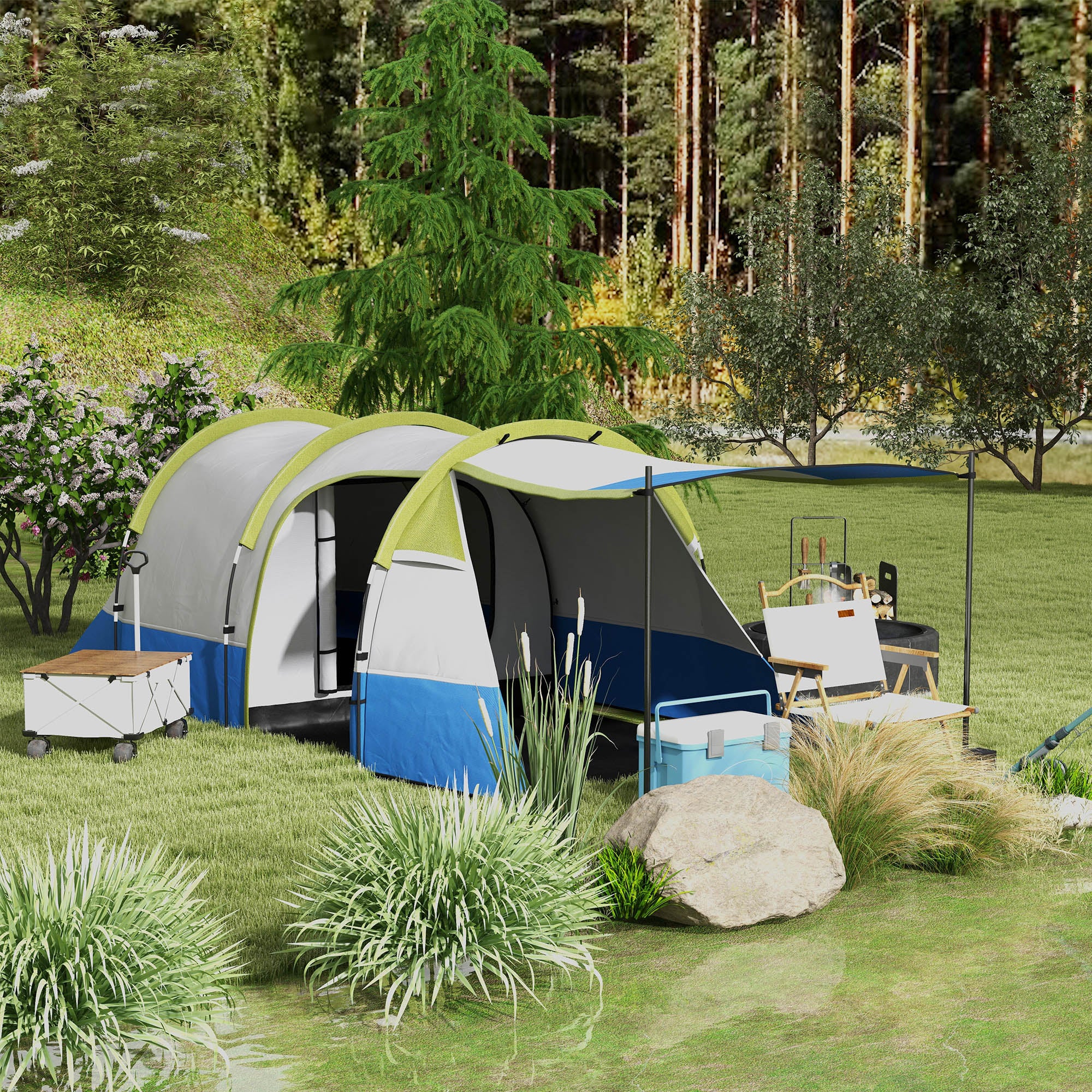 Outsunny Three Man Two-Room Tent, with Porch and Accessories - Green - North Peak Garden Furniture