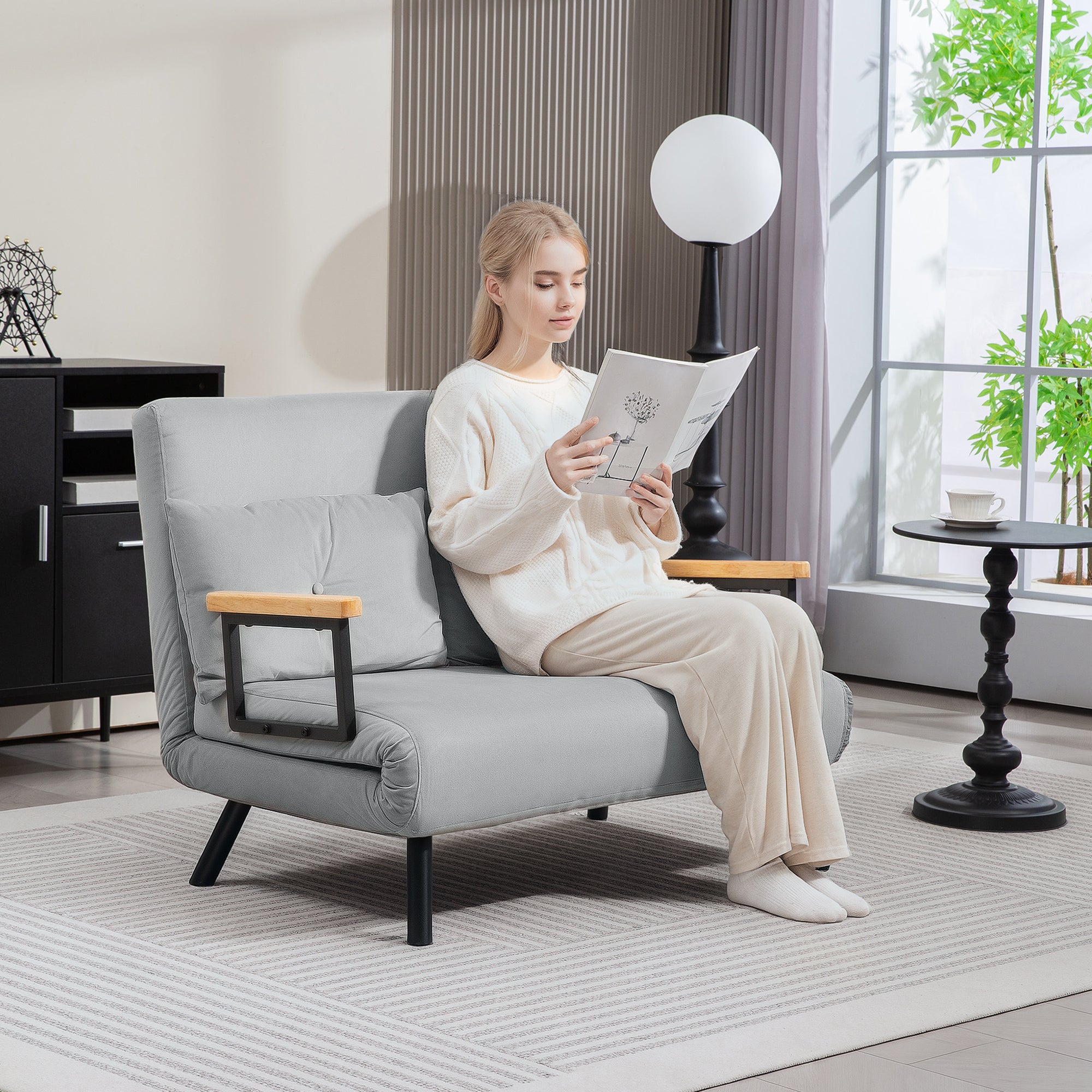 HOMCOM 4-in-1 Velvet-Feel Double Sofa Bed, with Pillows - Light Grey - North Peak Garden Furniture