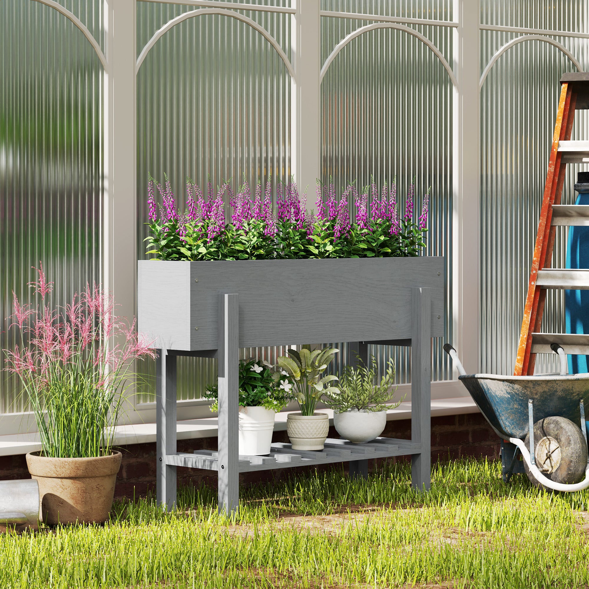 Outsunny Wooden Two-Tier Raised Planter - Grey - North Peak Garden Furniture