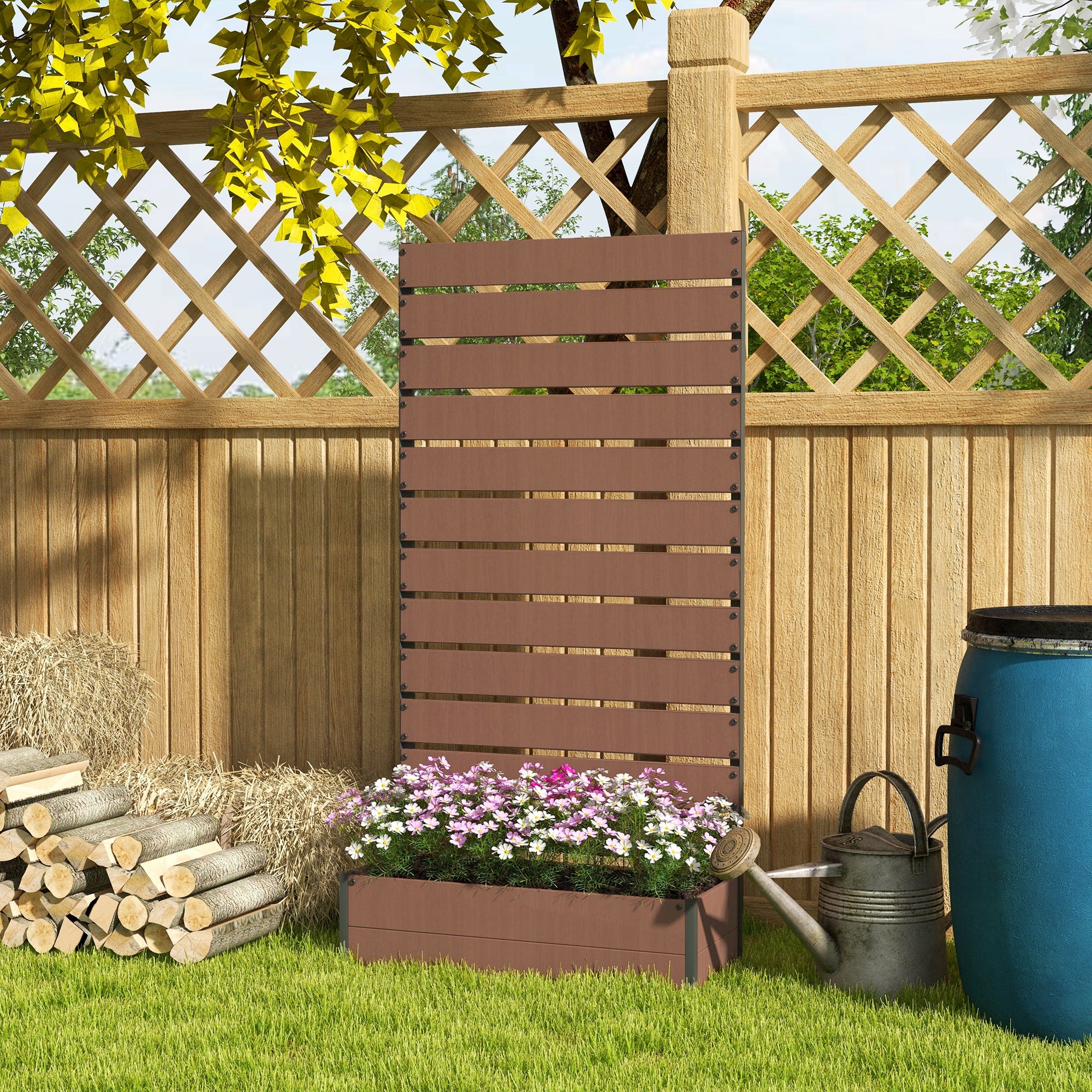Outsunny Raised Bed for Garden, Planter with Trellis for Climbing Plants, Vines, Planter Box with Drainage Gap, Light Brown - North Peak Garden Furniture