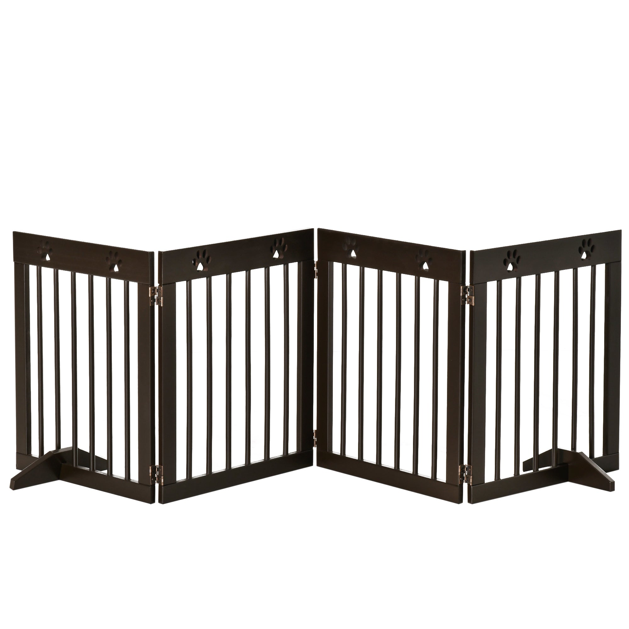 PawHut Freestanding Pet Gate 4 Panel Wooden Dog Barrier Folding Safety Fence with Support Feet up to 204cm Long 61cm Tall for Doorway Stairs Brown - North Peak Garden Furniture
