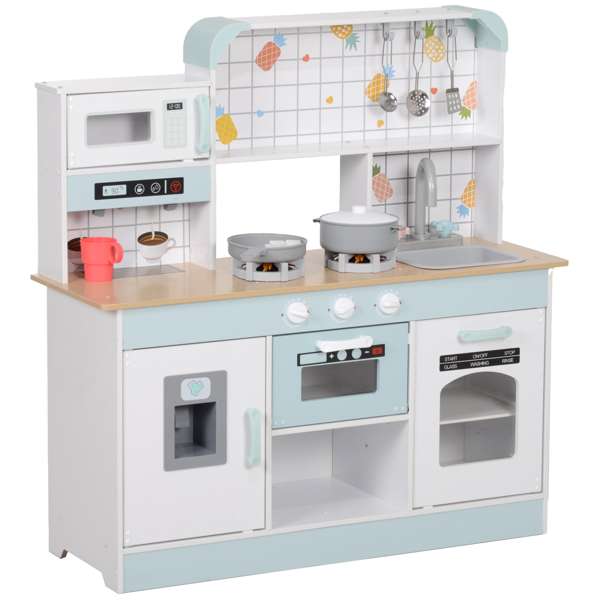 AIYAPLAY Toy Kitchen, Pretend Role Play Kitchen with Hob, Sound and Light, Coffee Machine, Ice Maker, Microwave - North Peak Garden Furniture