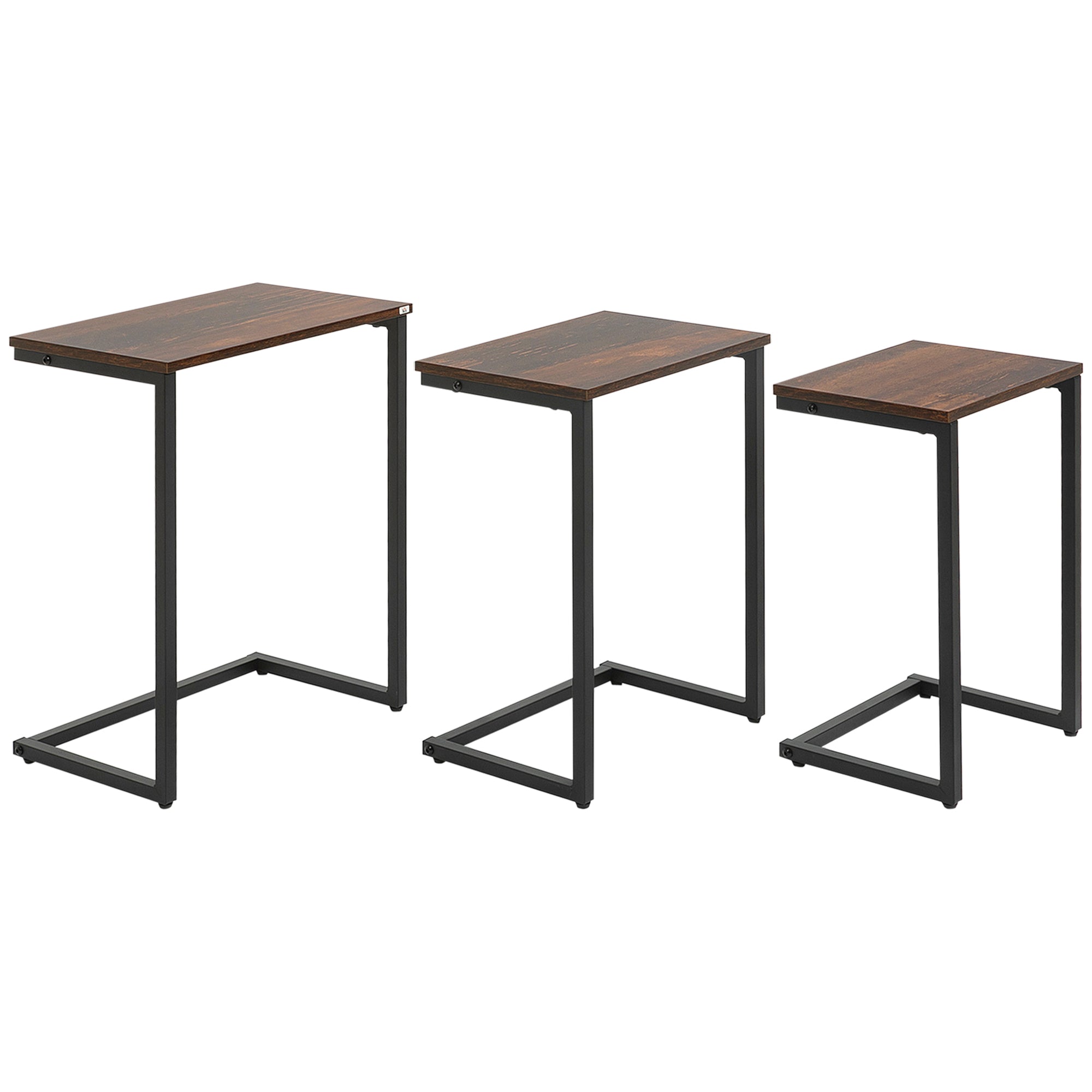 HOMCOM Nesting Side Tables Set of 3, C-Shaped Snack Side Tables with Steel Frame for Sofa Couch and Bed, Rustic Brown - North Peak Garden Furniture