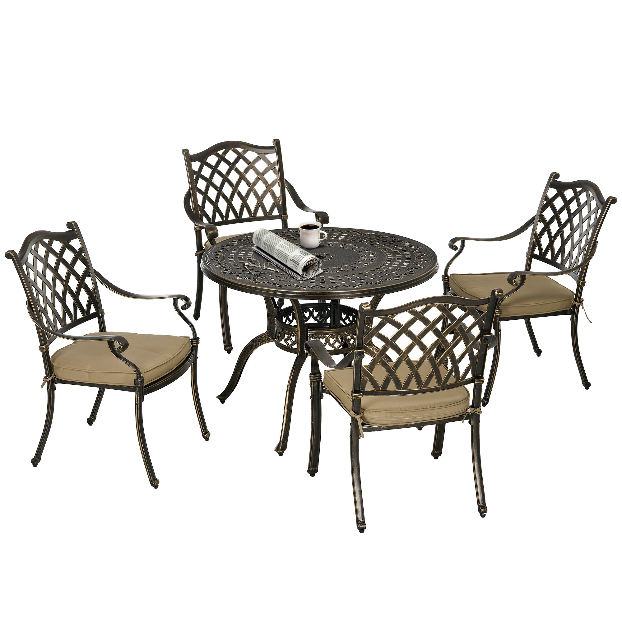 Outsunny 4 Seater Outdoor Dining Set Antique Cast Aluminium Garden Furniture Set with Cushions Round Dining Table with Parasol Hole, Bronze - North Peak Garden Furniture