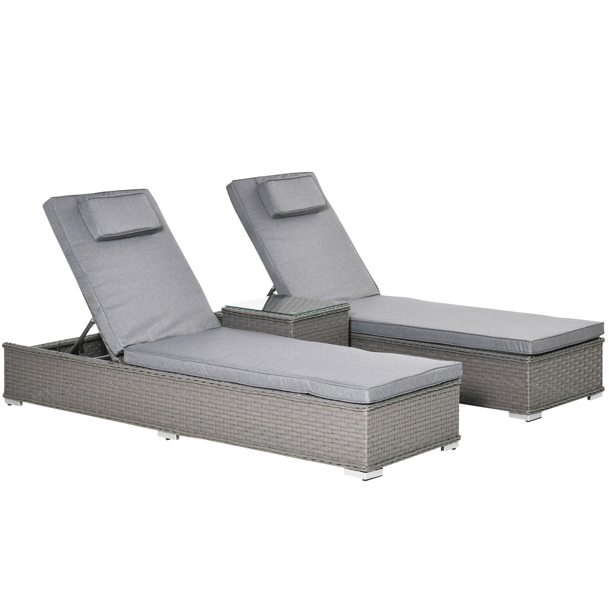 Outsunny 3PC Rattan Sun Lounger, Garden Furniture with Side Table, 5-Position Adjustable Recline Chair, Grey - North Peak Garden Furniture