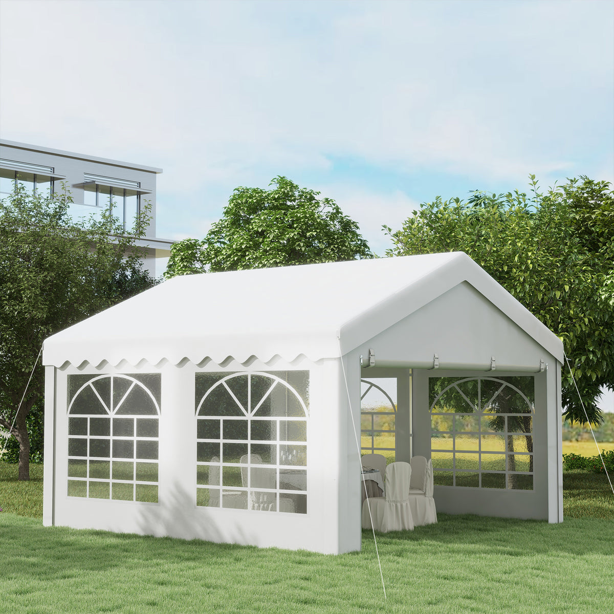 Outsunny 4m x 4 m Garden Gazebo Portable Carport Shelter with Removable Sidewalls & Double Doors, Heavy Duty Party Tent Car Canopy