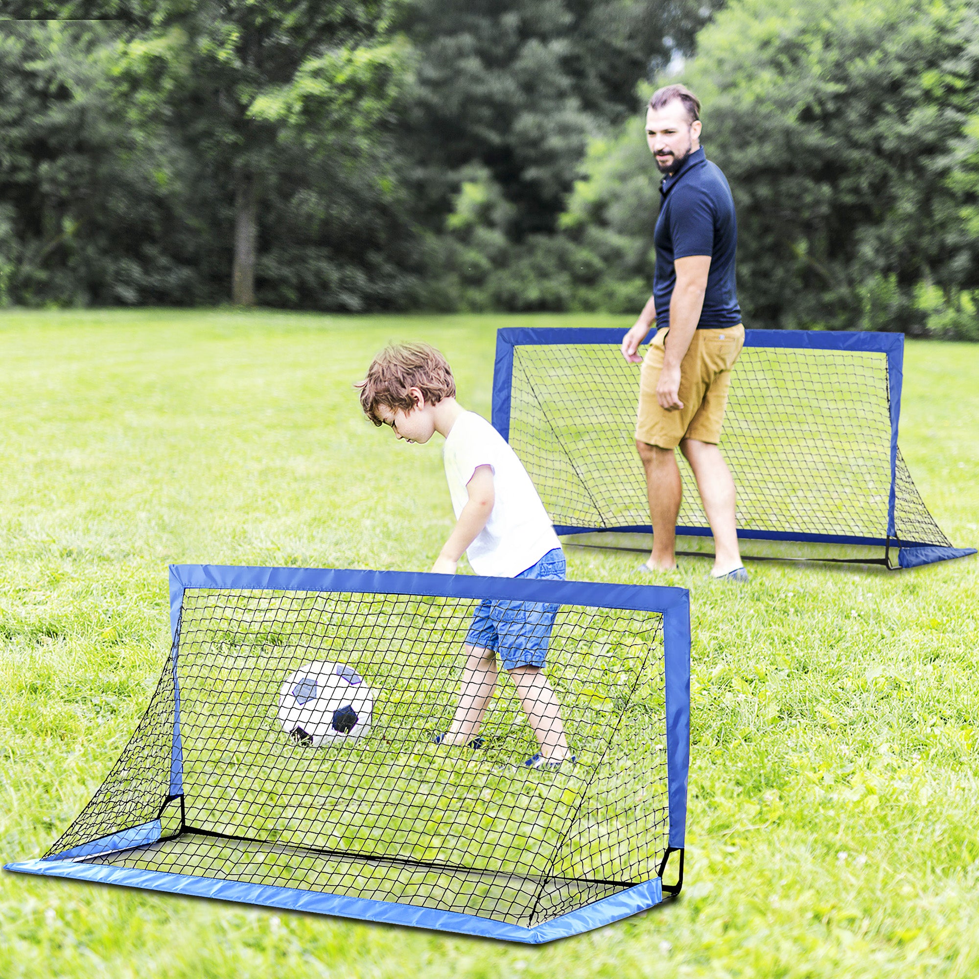 HOMCOM Set of 2 Football Goal Net 6 x 3 ft Foldable Outdoor Sport Training Teens Adults Football with Carrying Bag Blue - North Peak Garden Furniture
