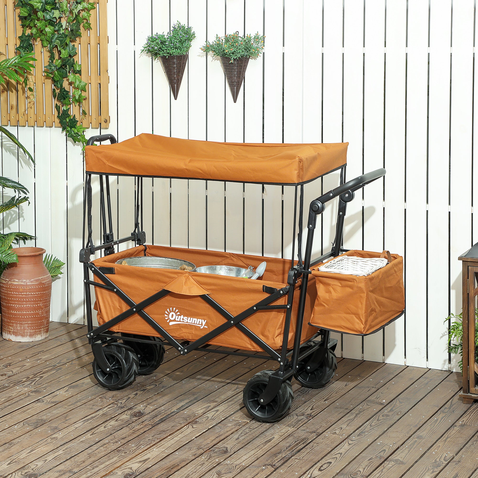 Outsunny Folding Trolley Cart Storage Wagon Beach Trailer 4 Wheels with Handle Overhead Canopy Cart Push Pull For Shopping Camping, Orange - North Peak Garden Furniture