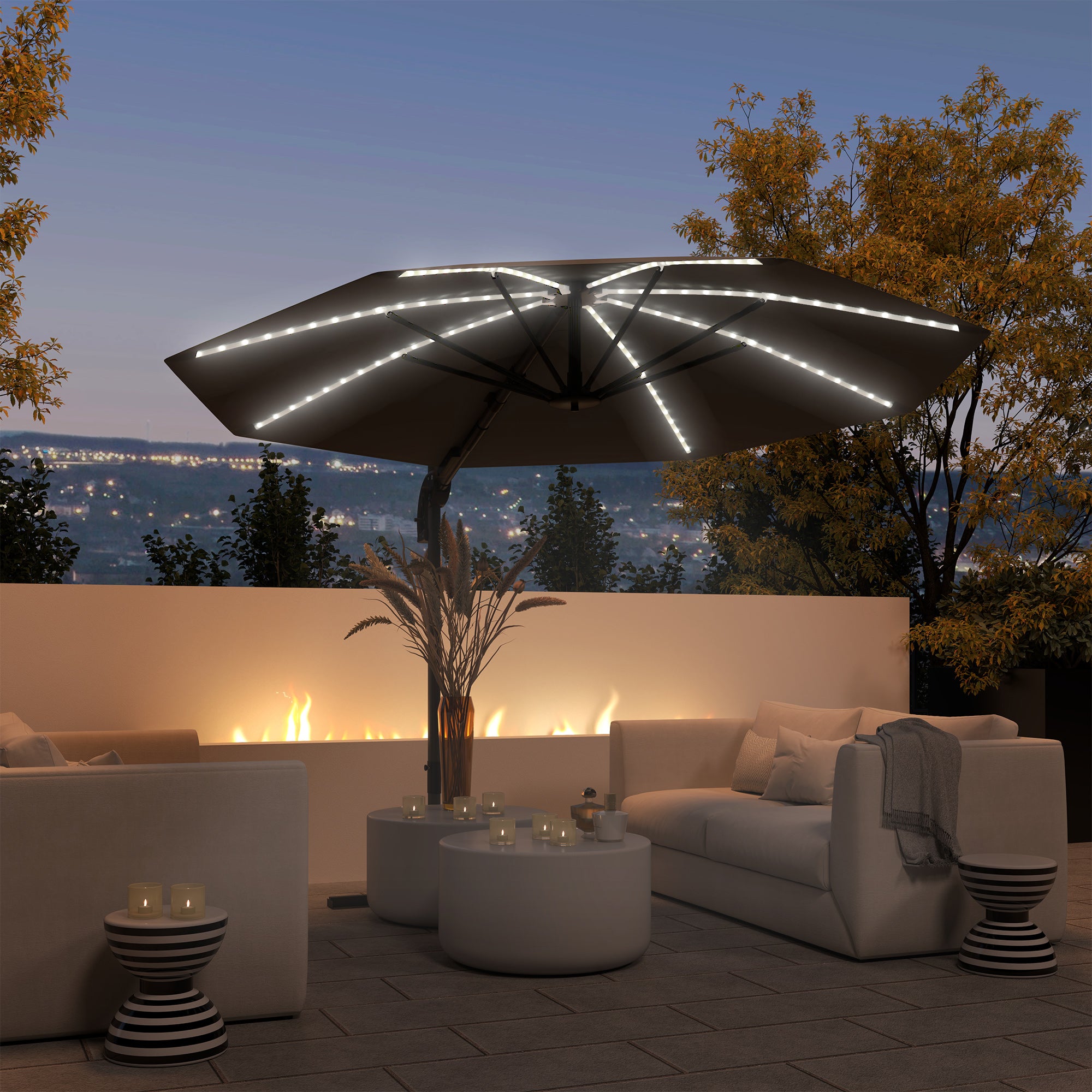 Outsunny 3(m) Cantilever Garden Parasol with Solar Powered Lights, Crank Handle & Cross Base, UPF 50+, 360° Rotation, Dark Grey - North Peak Garden Furniture