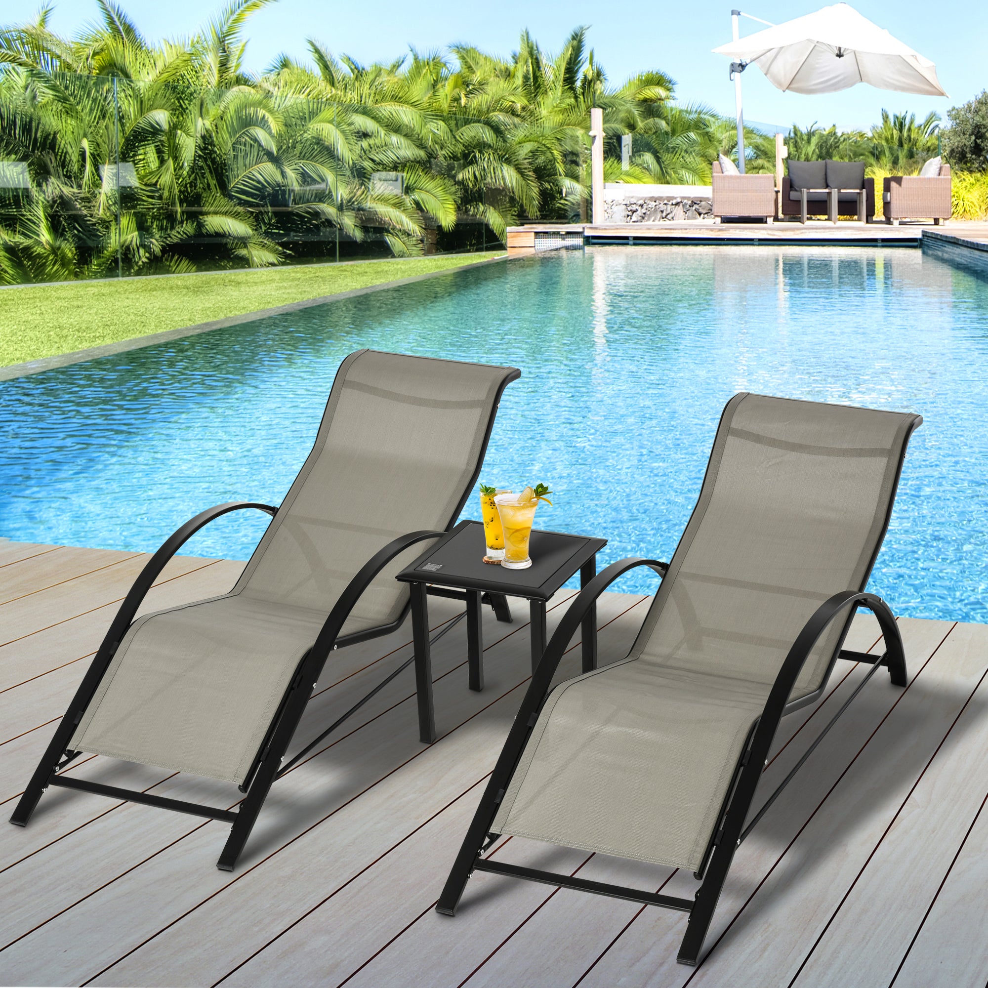 Outsunny 3 Pieces Lounge Chair Set Metal Frame Garden Outdoor Recliner Sunbathing Chair with Table, Grey - North Peak Garden Furniture