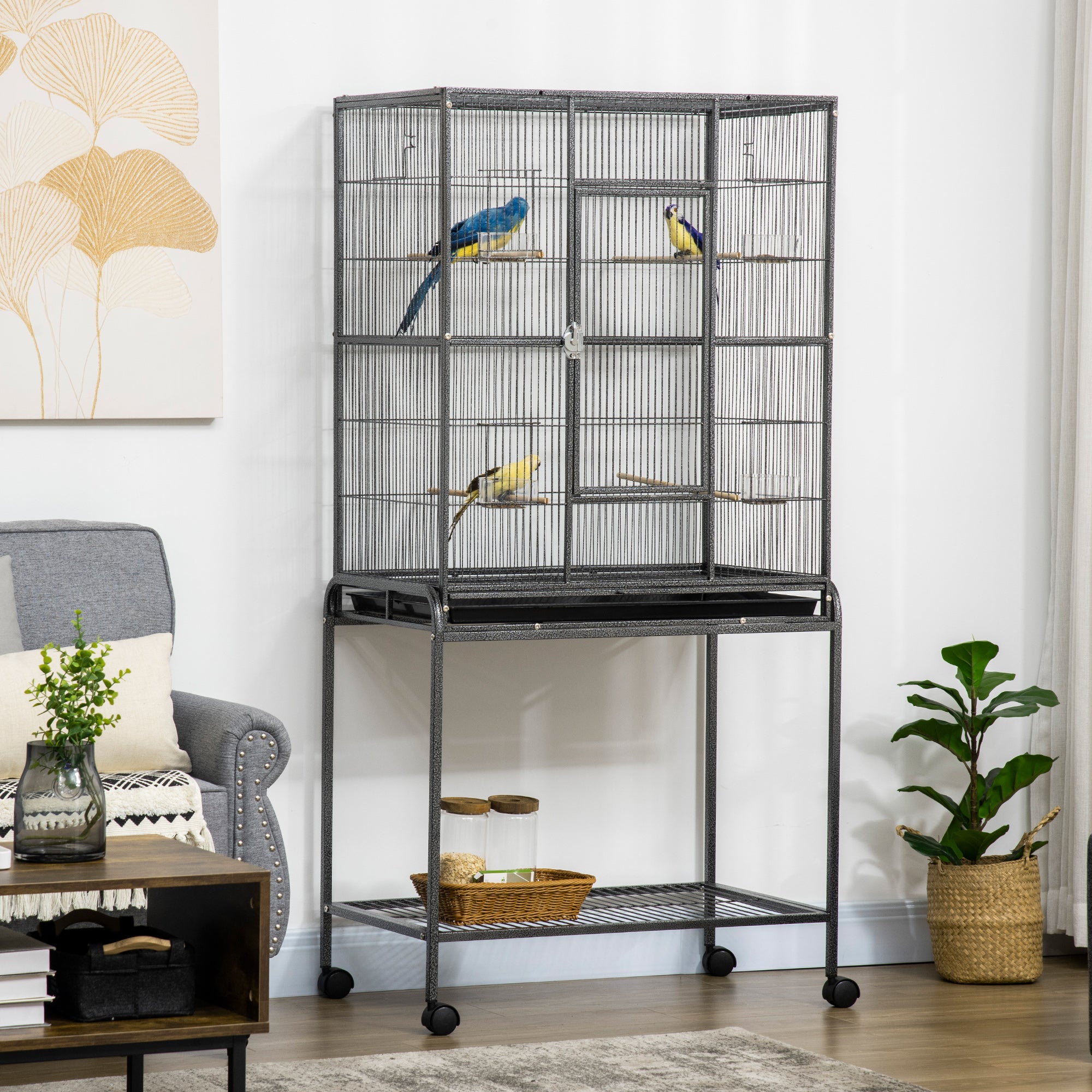 PawHut Large Bird Cage Budgie Cage with Stand, Storage Shelf, Wood Perch for Parrot Canary Parakeet Cockatiels, 81 x 48 x 162.5 cm - North Peak Garden Furniture
