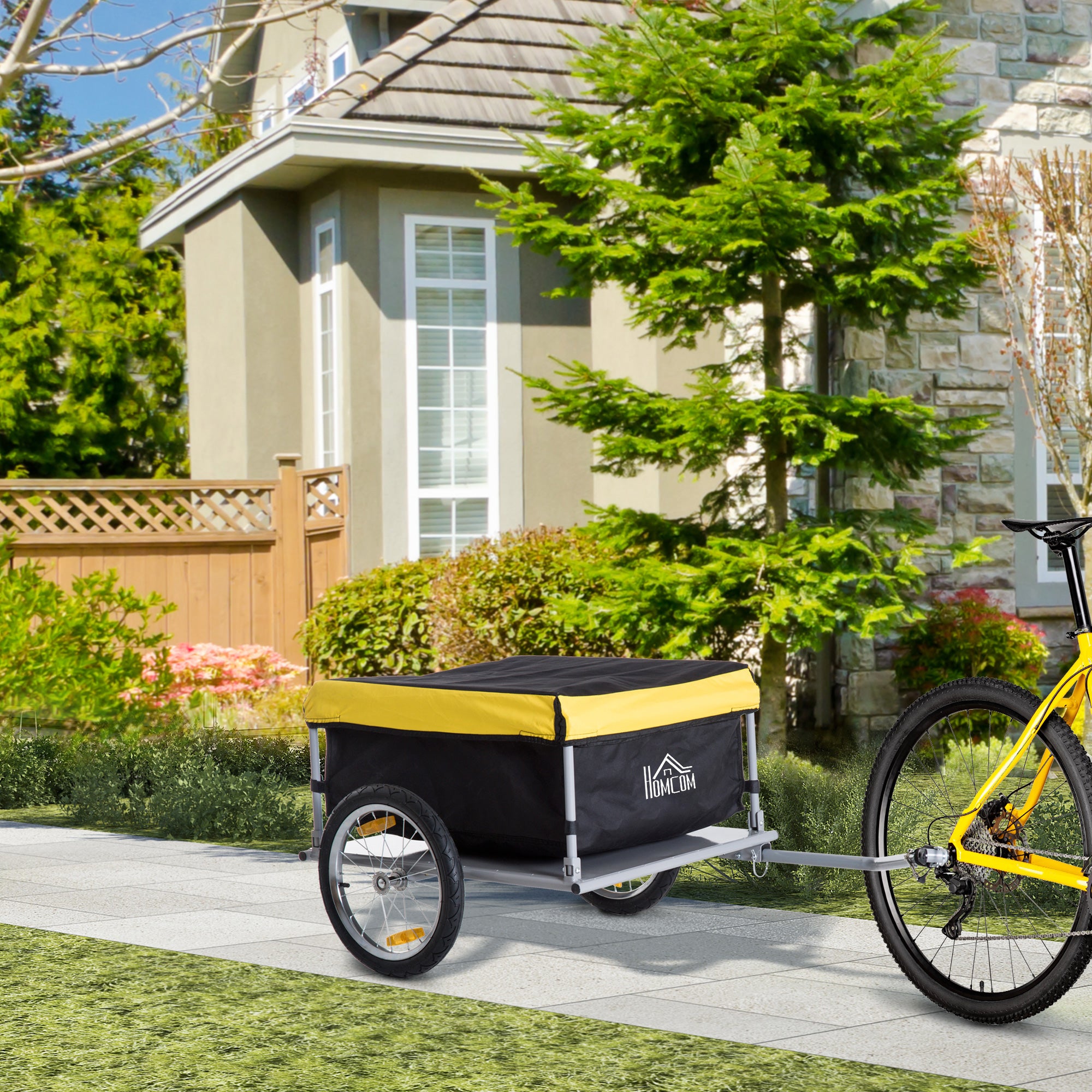 HOMCOM Bicycle Cargo Trailer, Two-Wheel Bicycle Large Cargo Wagon Trailer Oxford Fabric, Folding Storage, & Removable Cover, Yellow - North Peak Garden Furniture