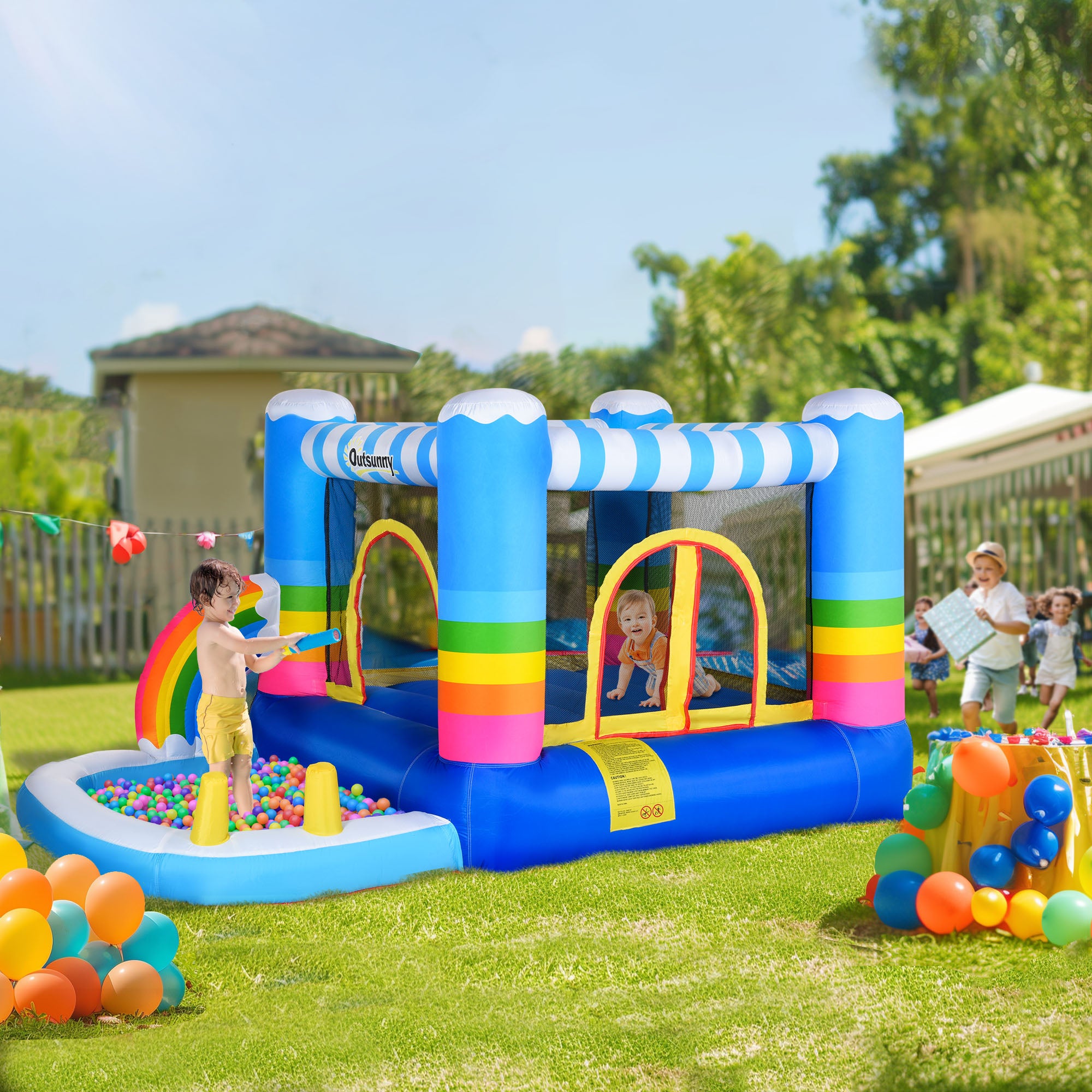 Outsunny Kids Bounce Castle Inflatable House with Trampoline Pool Climbing Wall with Inflator Carrybag, 2.8 x 1.7 x 1.55m - North Peak Garden Furniture
