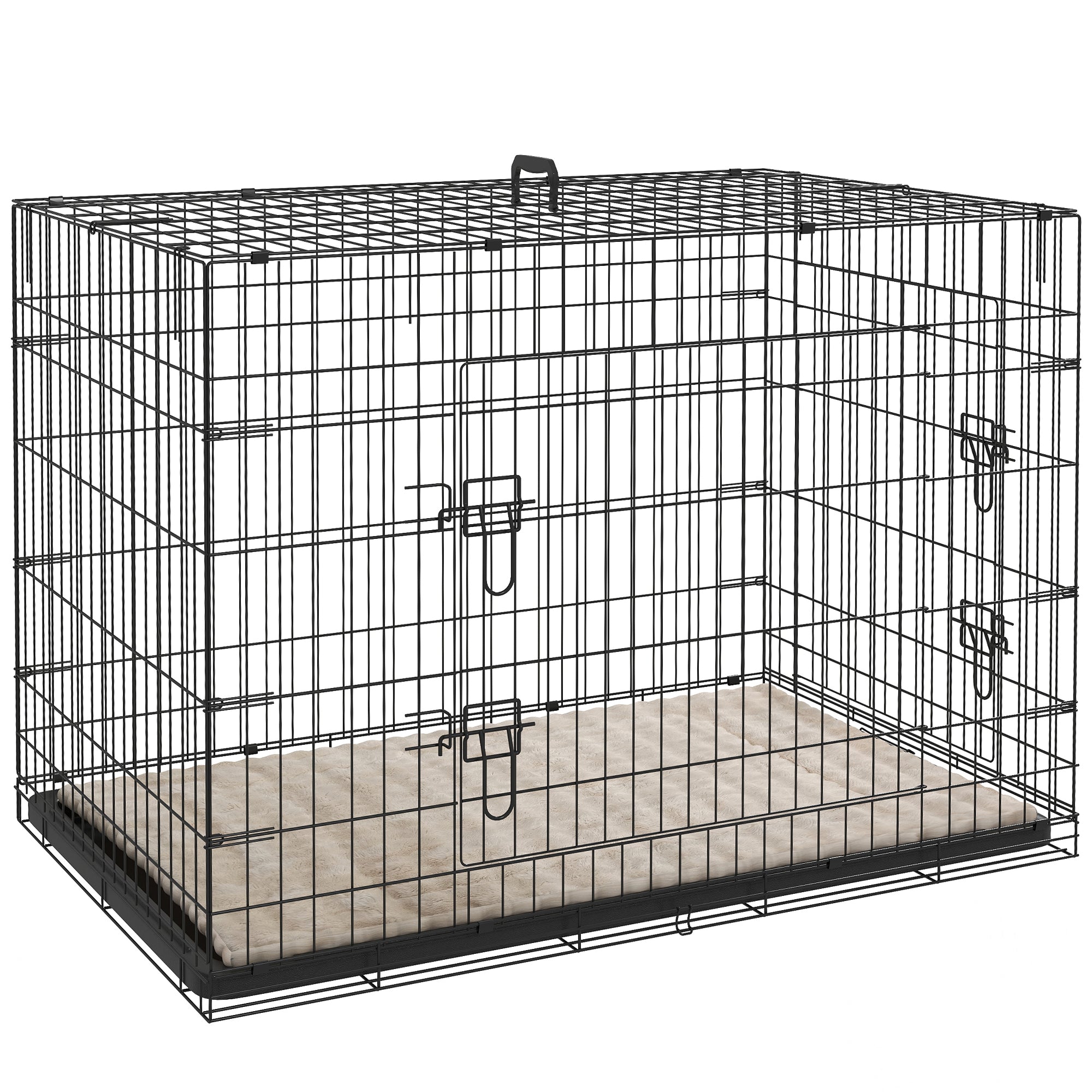 PawHut Dog Crate with 2 Doors with Tray, Soft Cushion, Foldable Metal Dog Cage for Extra and Large Dogs, 105 x 70 x 75, Black - North Peak Garden Furniture