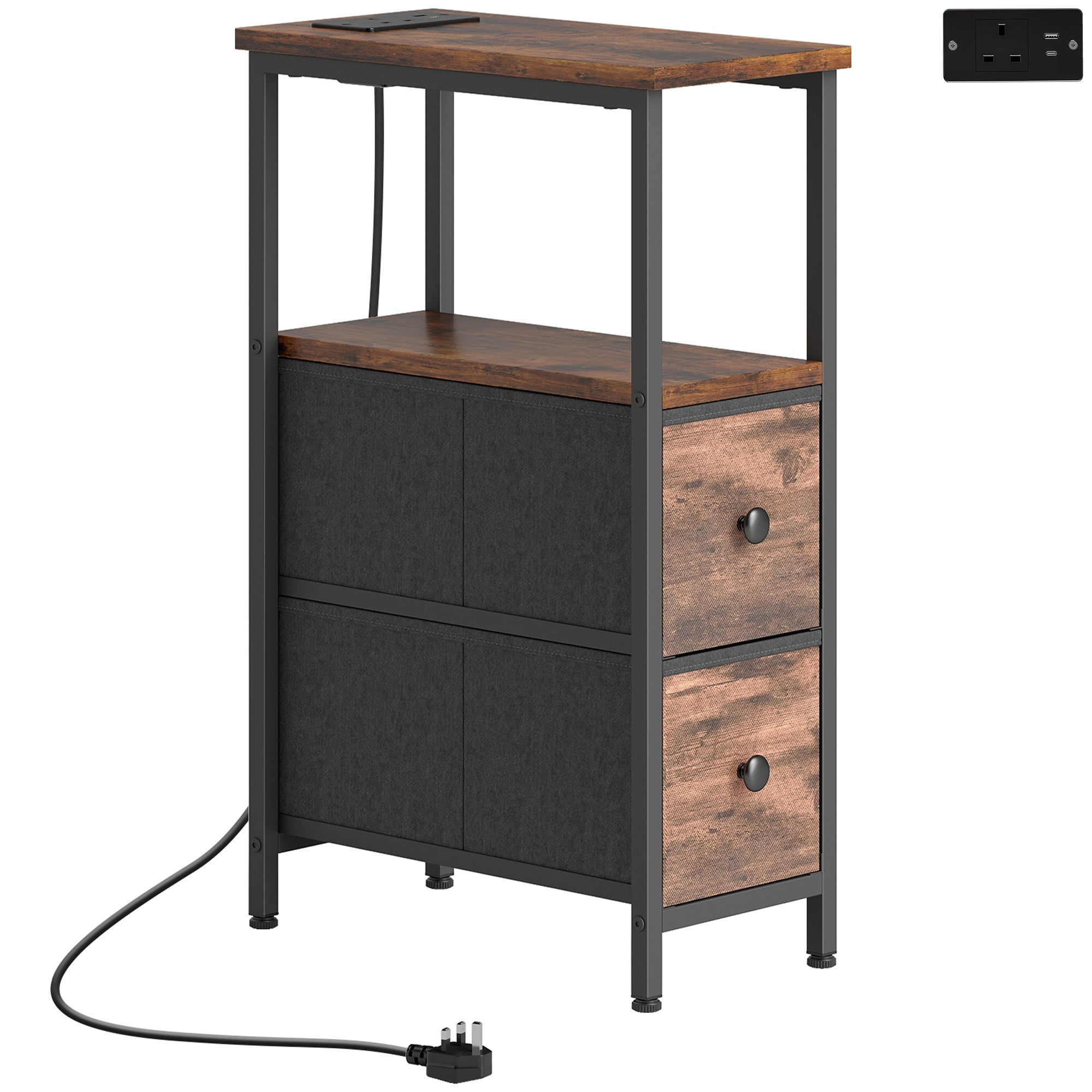 HOMCOM Side Table, Narrow Bedside Table with Charging Station, 2 Drawers, AC Outlet and 2 USB Ports for Living Room, Bedroom
