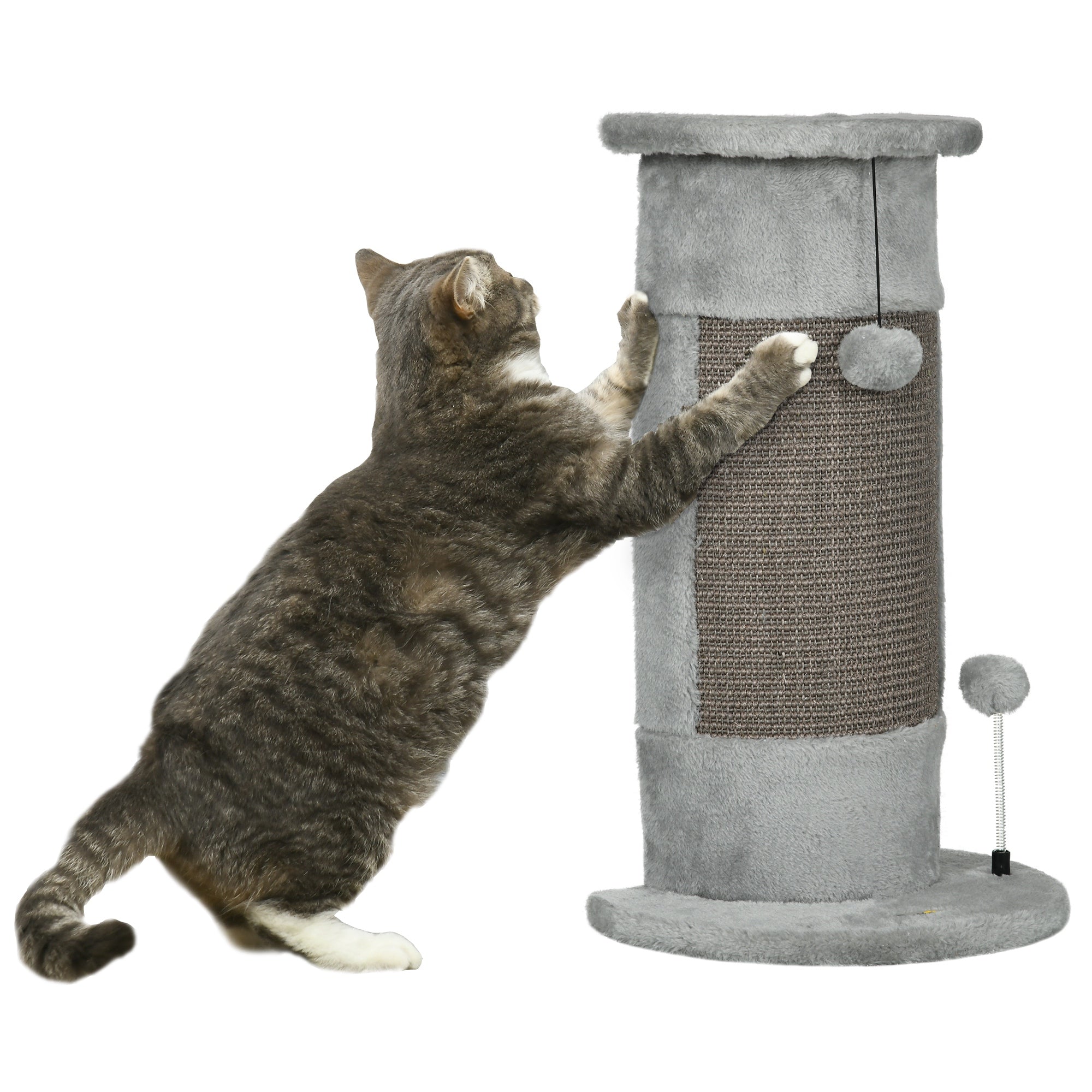 PawHut 58cm Cat Scratching Post, with Covered Plush, Play Balls, for Corner Walls - Grey - North Peak Garden Furniture