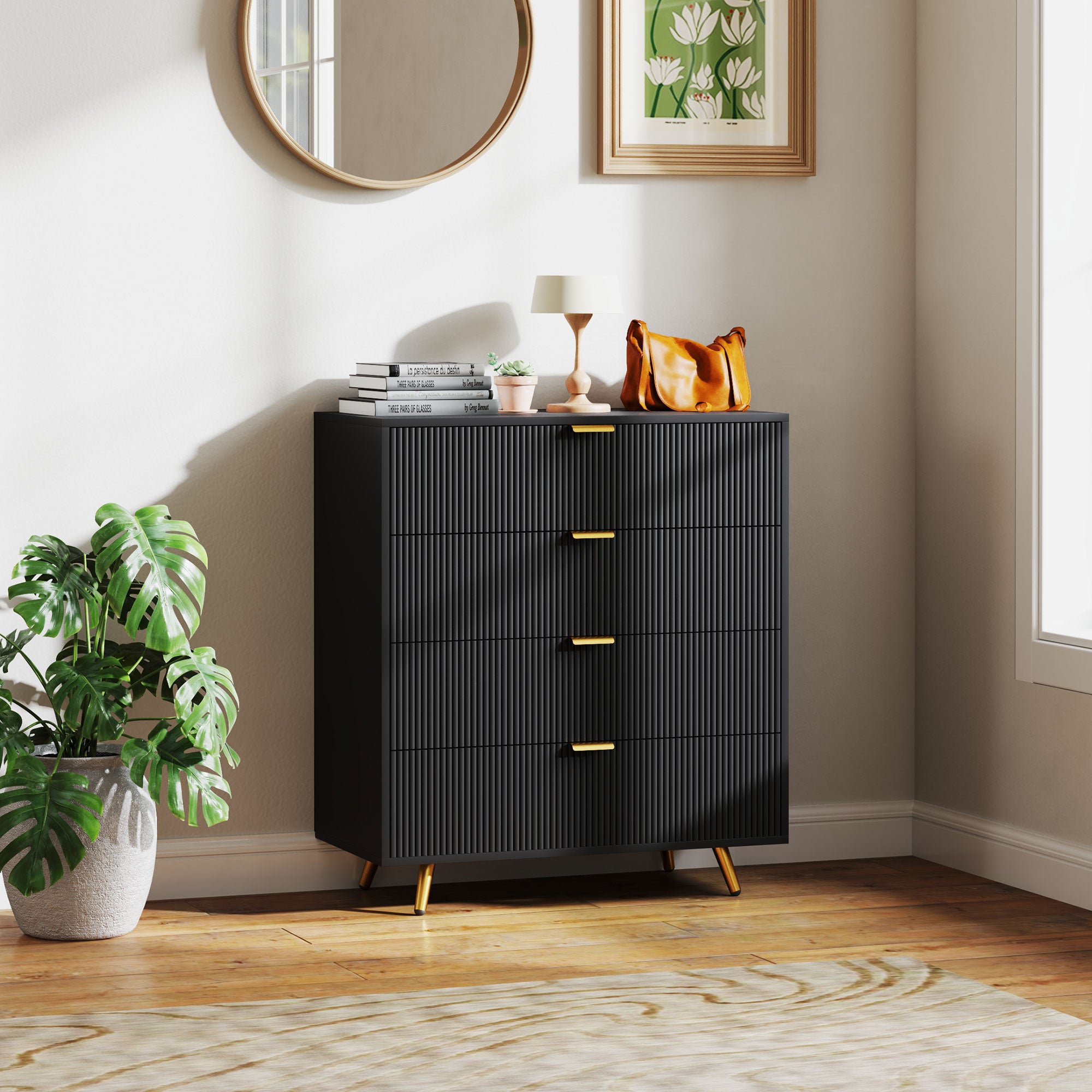 HOMCOM Bedroom Chest of Drawers with 4 Drawers, Fluted Dresser with Gold Tone Handles, Storage Cabinet for Bedroom, Living Room, Hallway, Entryway, Black - North Peak Garden Furniture